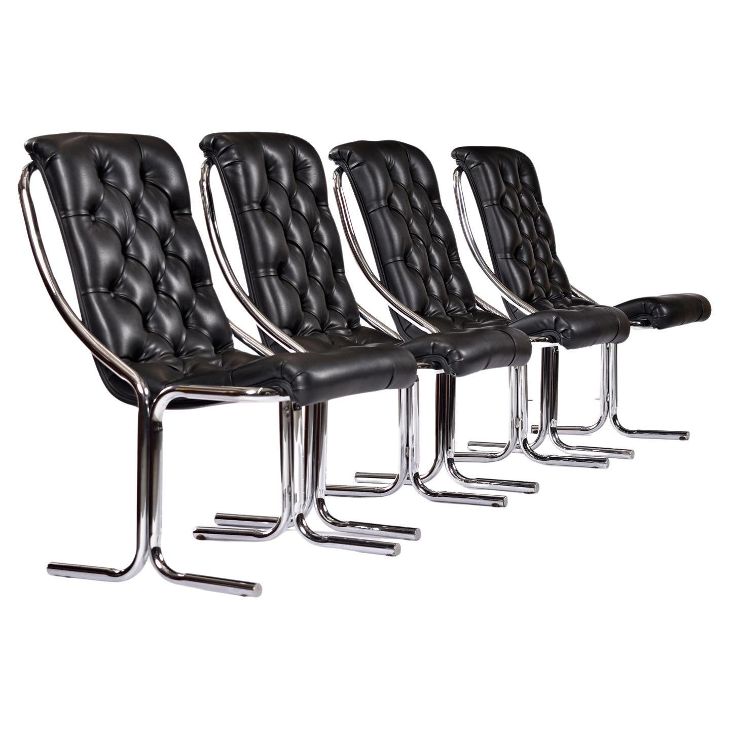 Américain MCM Hexagonal Smoked Glass Tubular Chrome Table Tufted Scoop Chairs Dinette Set en vente