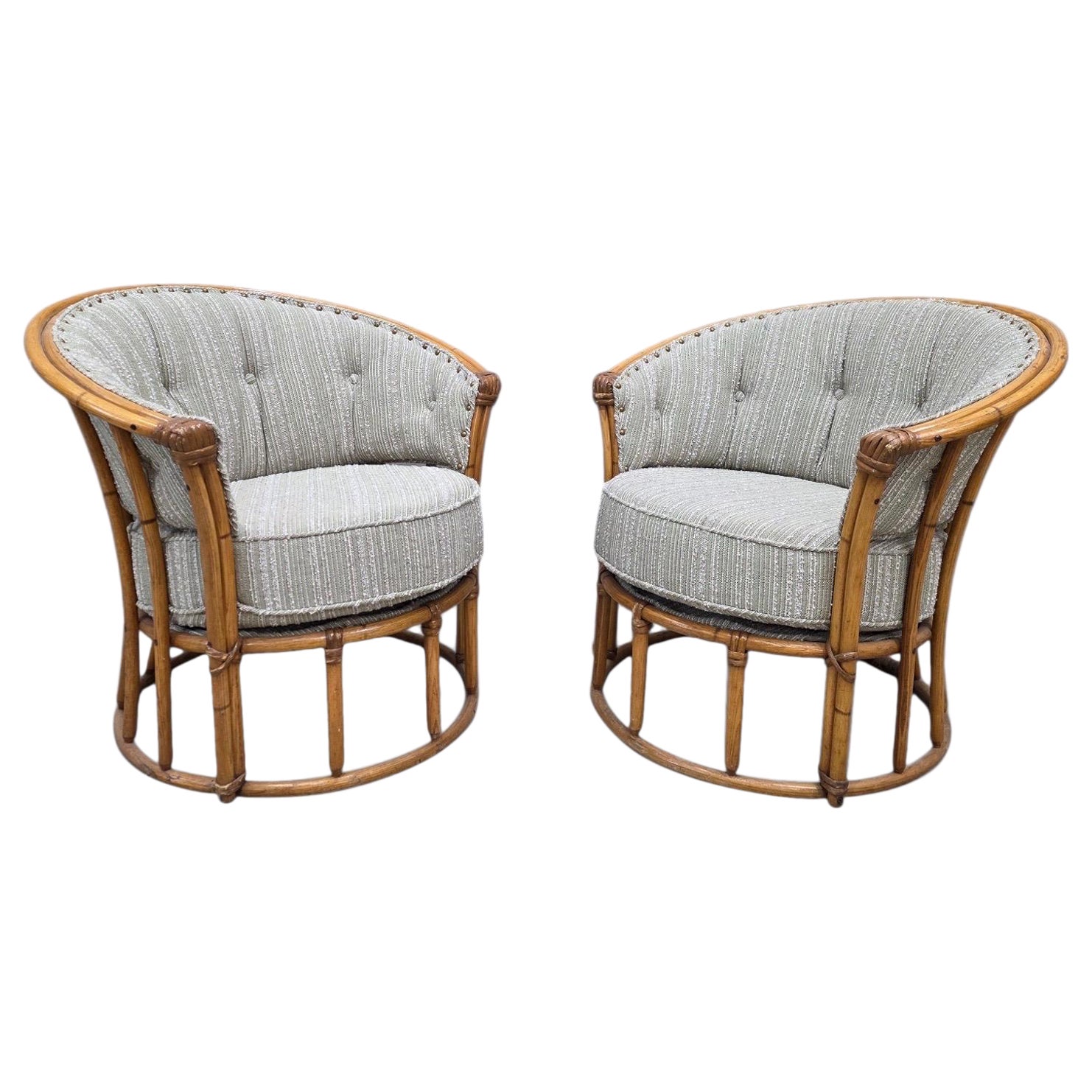 MCM Heywood Wakefield “Ashcraft” Bamboo Style Rattan Chairs Newly Reupholstered