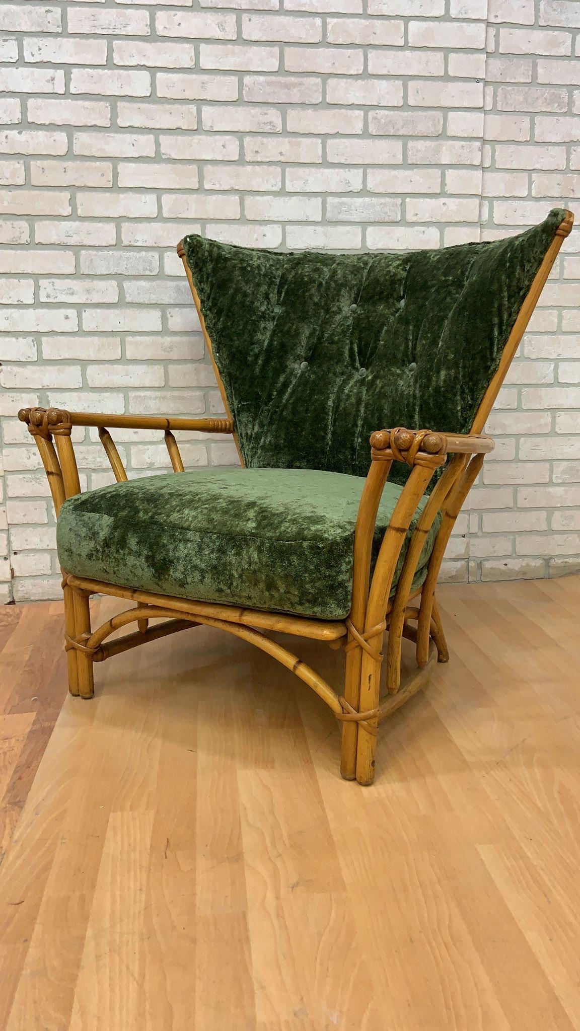 MCM Heywood Wakefield Ashcraft Rattan Lounge Chairs Newly Upholstered - Set of 2 For Sale 2