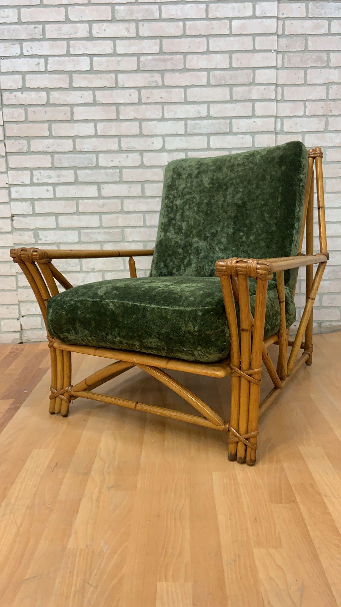 MCM Heywood Wakefield Ashcraft Rattan Lounge Chairs Newly Upholstered - Set of 2 For Sale 7