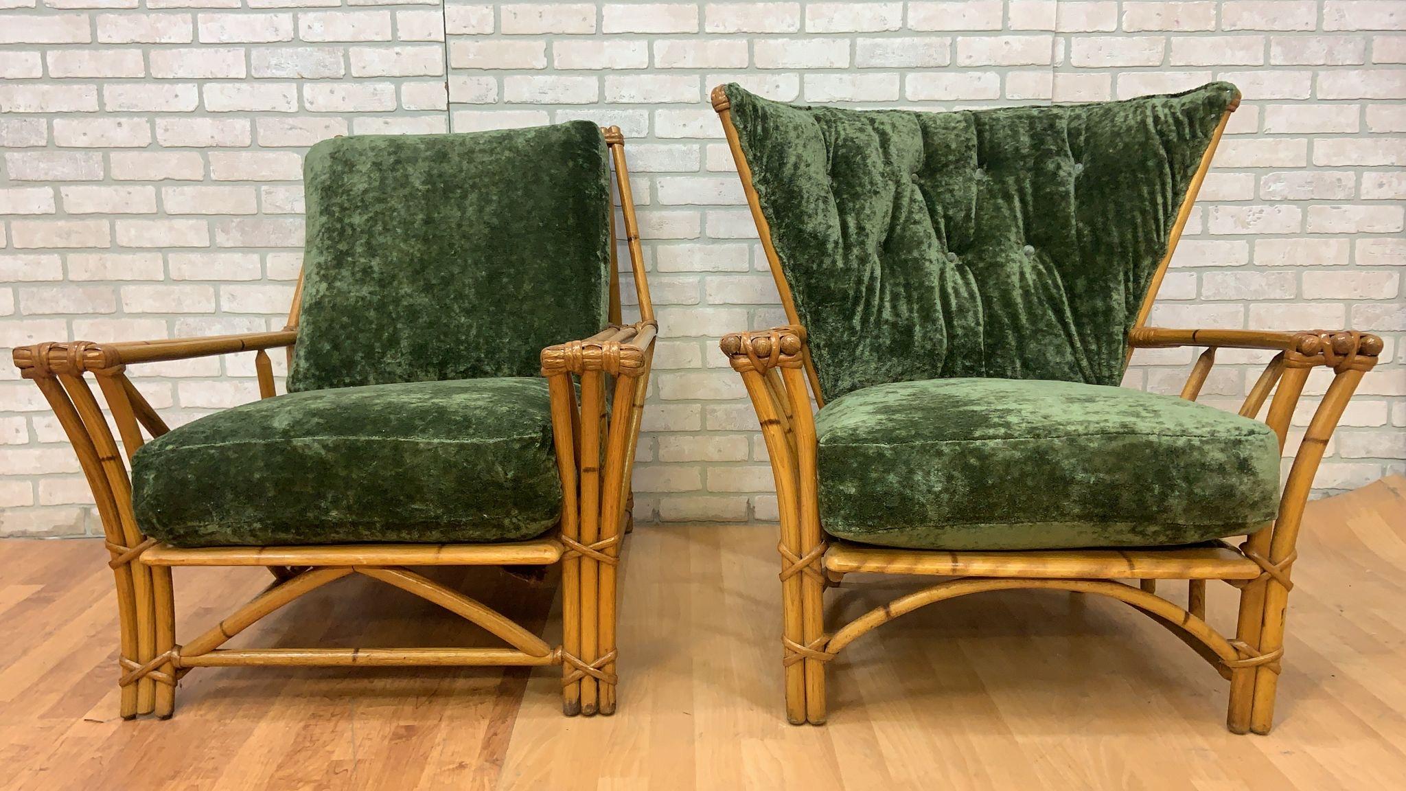 Vintage Mid Century Modern Rare Heywood Wakefield Ashcraft Rattan Lounge Chairs Newly Upholstered in a Deep Emerald Green Velvet - Set of 2 

The Vintage Mid Century Modern Rare Heywood Wakefield Ashcraft Rattan Lounge Chairs, newly upholstered in a