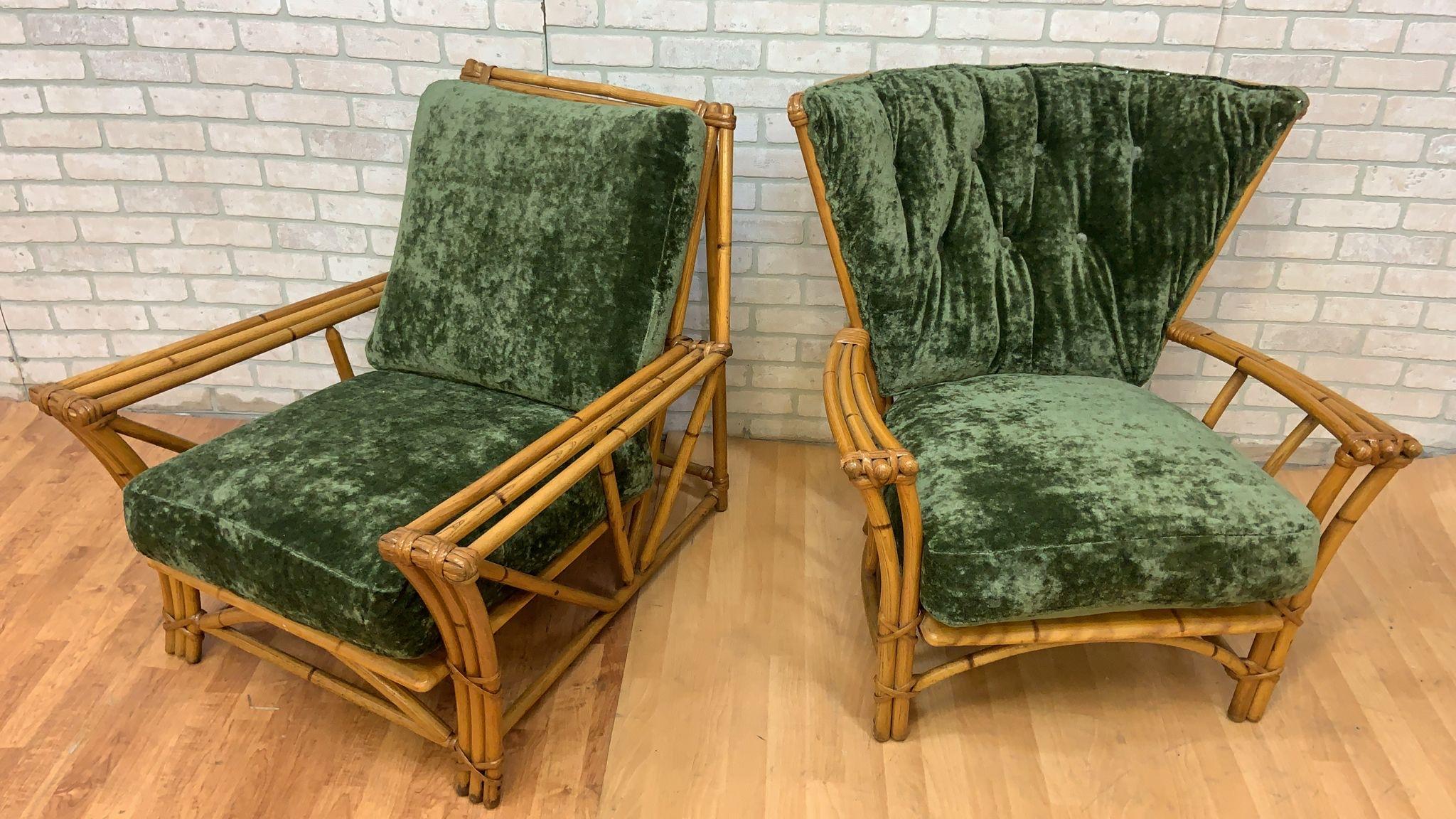 Mid-Century Modern MCM Heywood Wakefield Ashcraft Rattan Lounge Chairs Newly Upholstered - Set of 2 For Sale