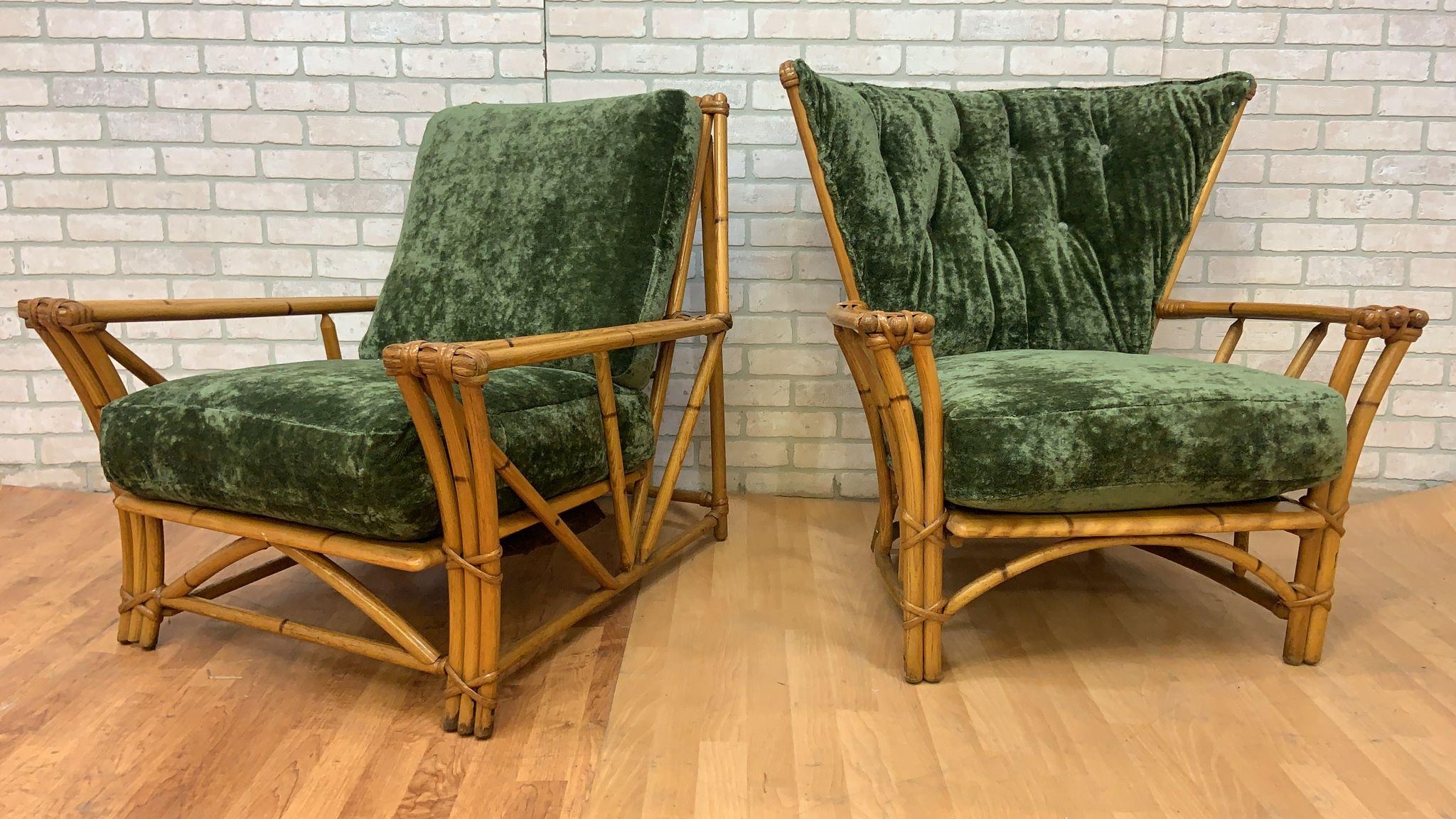 American MCM Heywood Wakefield Ashcraft Rattan Lounge Chairs Newly Upholstered - Set of 2 For Sale