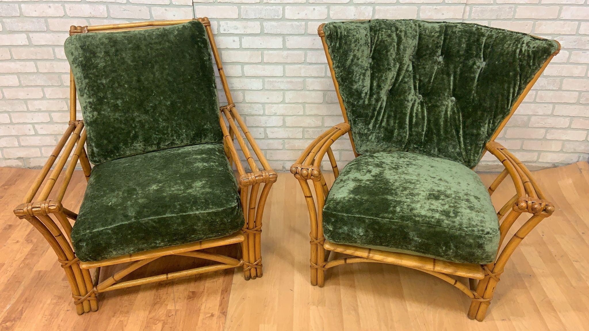 Hand-Crafted MCM Heywood Wakefield Ashcraft Rattan Lounge Chairs Newly Upholstered - Set of 2 For Sale