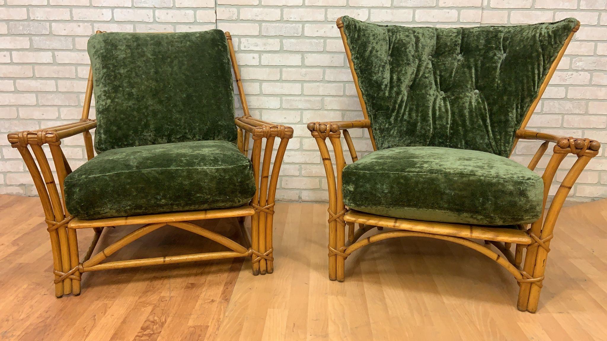 MCM Heywood Wakefield Ashcraft Rattan Lounge Chairs Newly Upholstered - Set of 2 In Good Condition For Sale In Chicago, IL