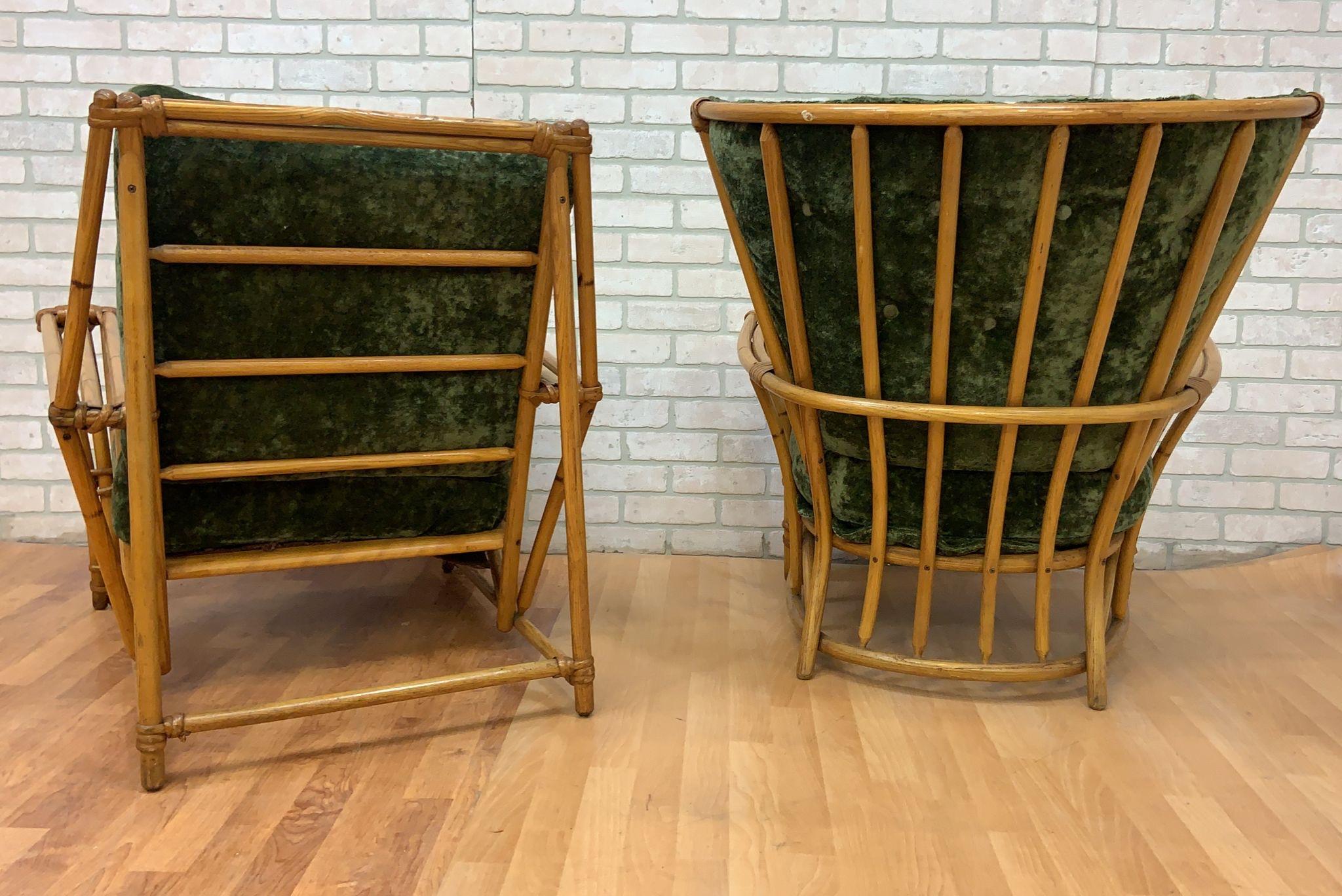 20th Century MCM Heywood Wakefield Ashcraft Rattan Lounge Chairs Newly Upholstered - Set of 2 For Sale