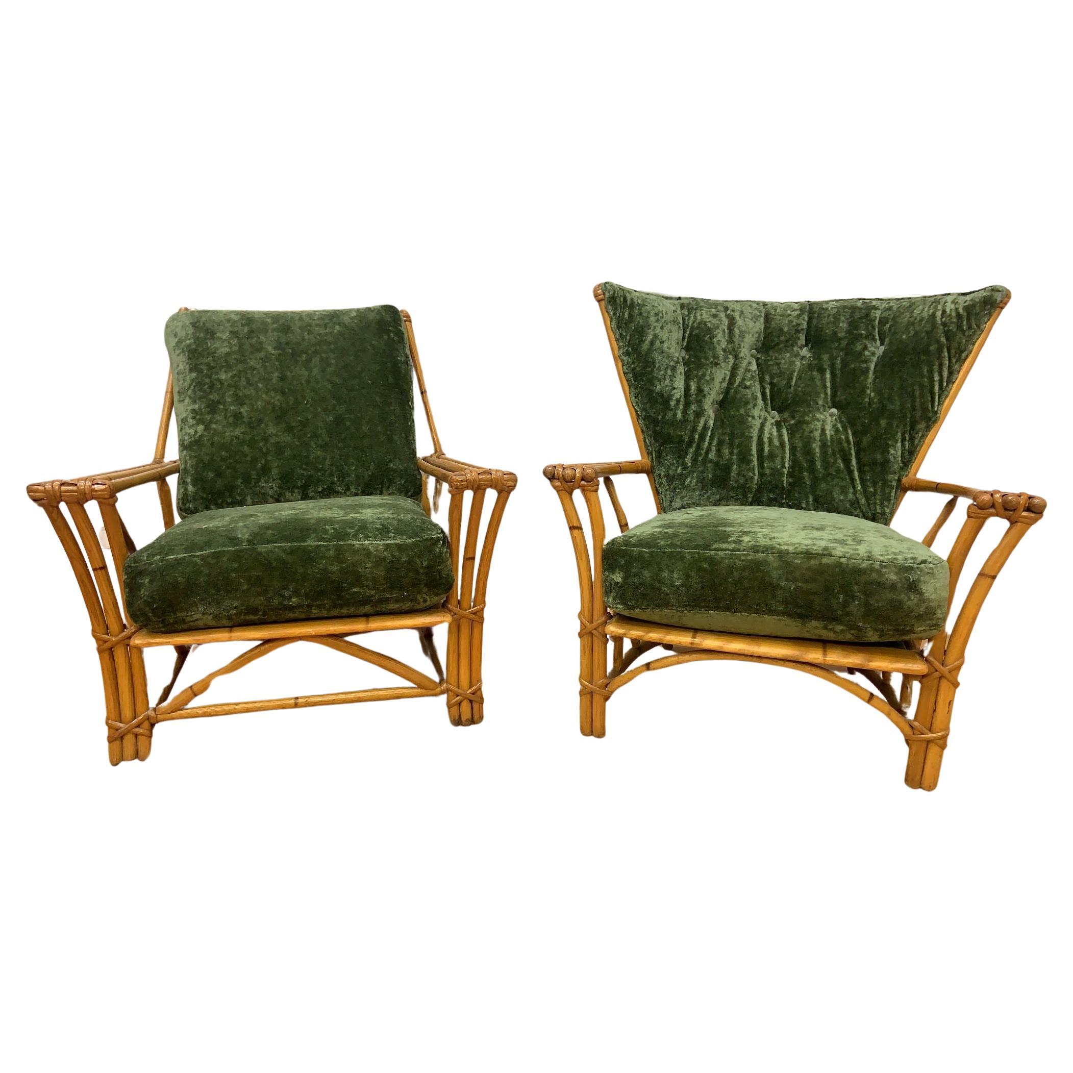 MCM Heywood Wakefield Ashcraft Rattan Lounge Chairs Newly Upholstered - Set of 2 For Sale