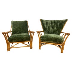 Retro MCM Heywood Wakefield Ashcraft Rattan Lounge Chairs Newly Upholstered - Set of 2