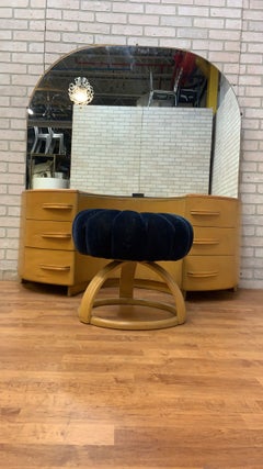 MCM Heywood Wakefield Crescendo Vanity with Mirror and Vanity Stool / Poof