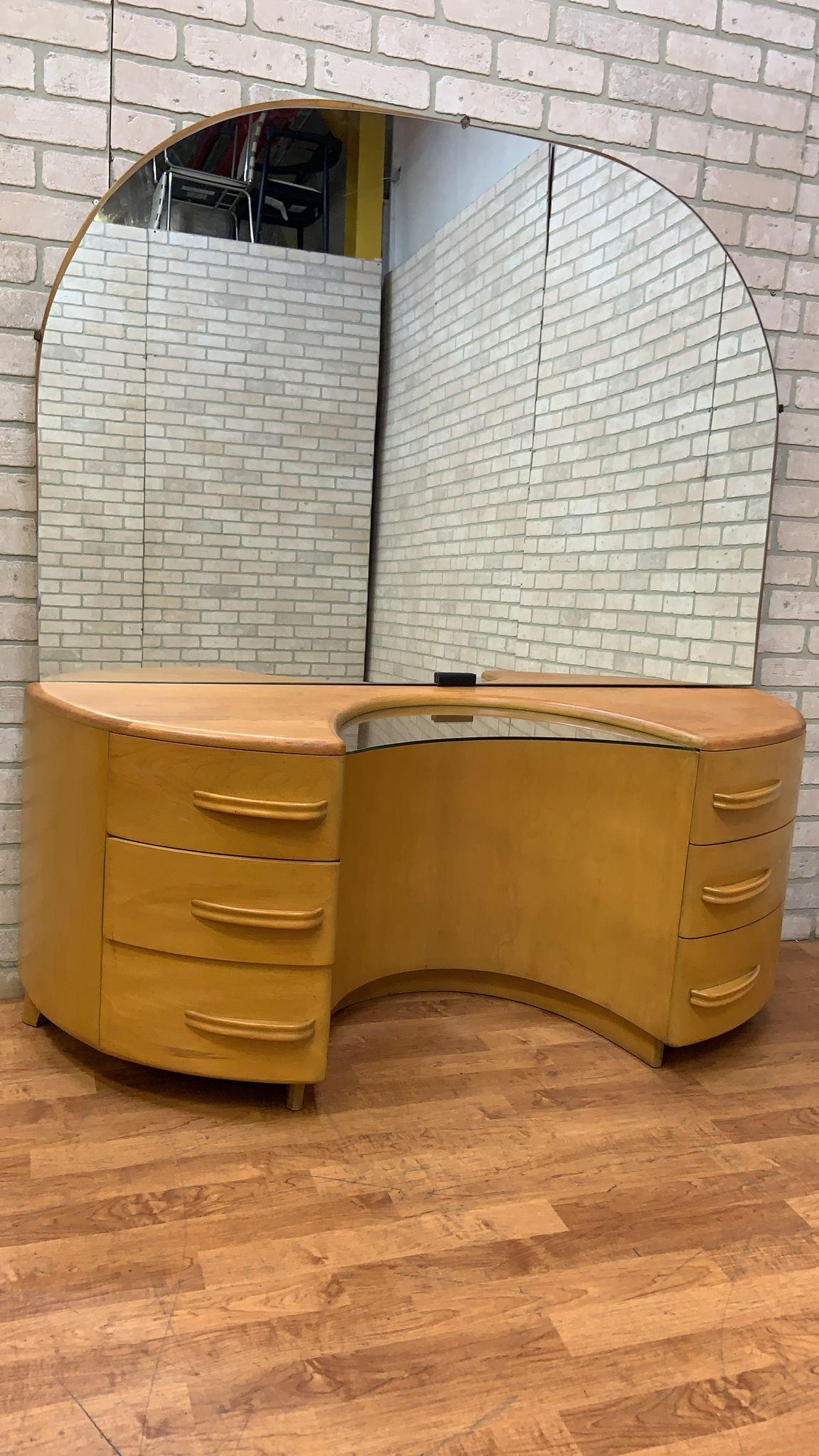 Hand-Crafted MCM Heywood Wakefield Crescendo Vanity with Mirror and Vanity Stool / Poof For Sale