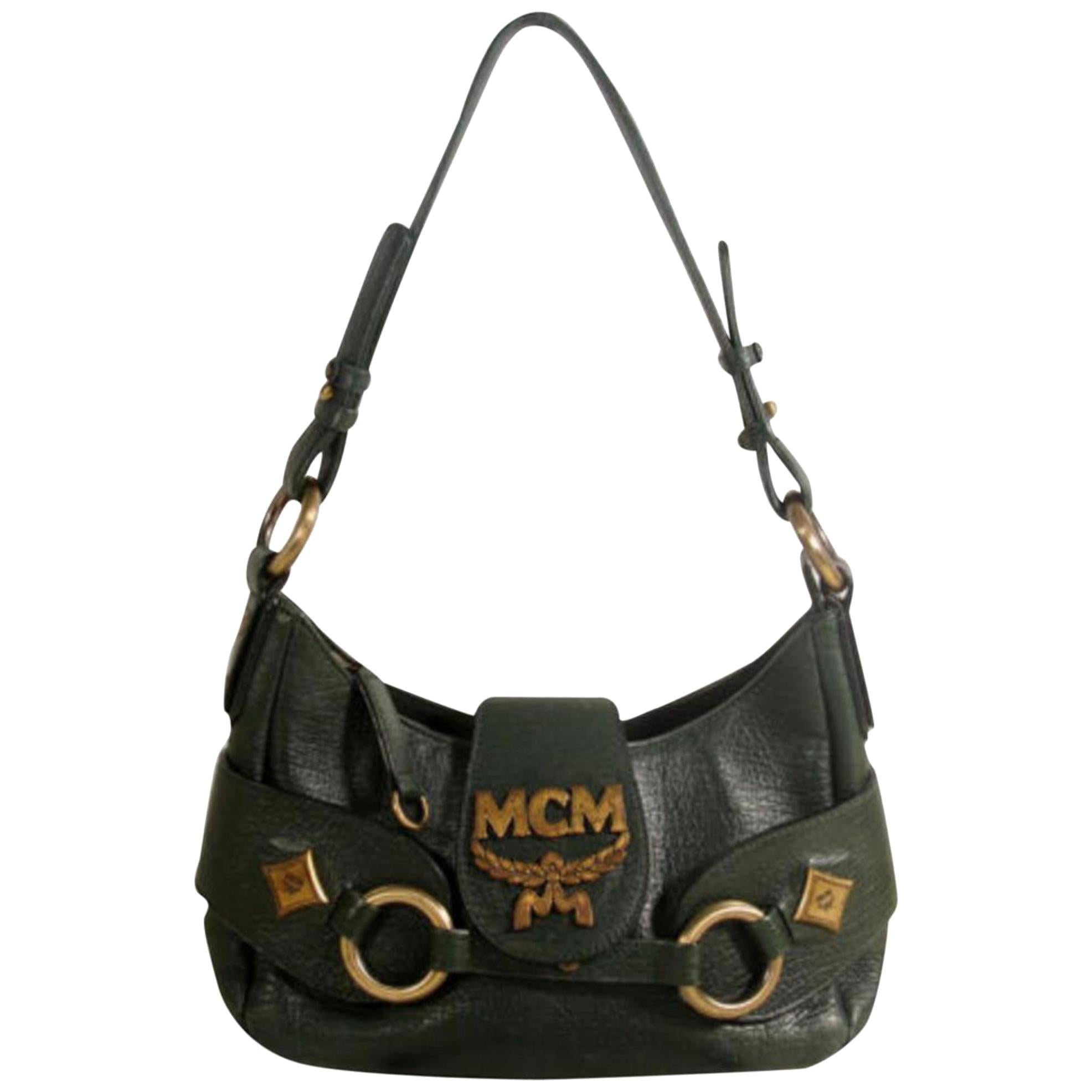 MCM Hobo Sarah Visetos Canvas Black Leather Shoulder Bag