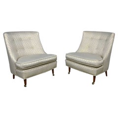 MCM Hollywood Regency Button Back Oyster & Blue Harlequin Fabric Slipper Chairs