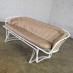 MCM Homecrest White Painted Metal Glider & Taupe Vinyl Cushions & Button Detail