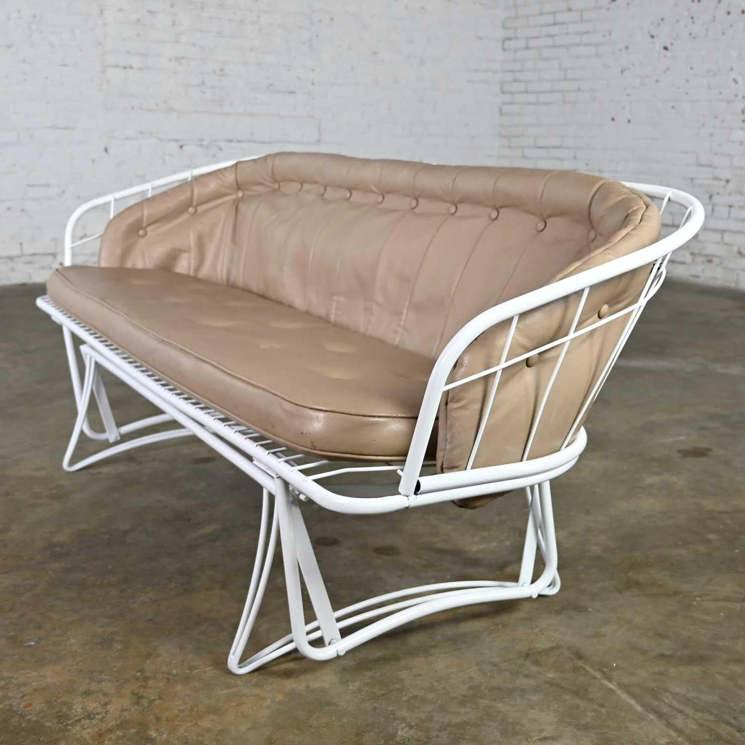 20th Century MCM Homecrest White Painted Metal Glider & Taupe Vinyl Cushions & Button Detail