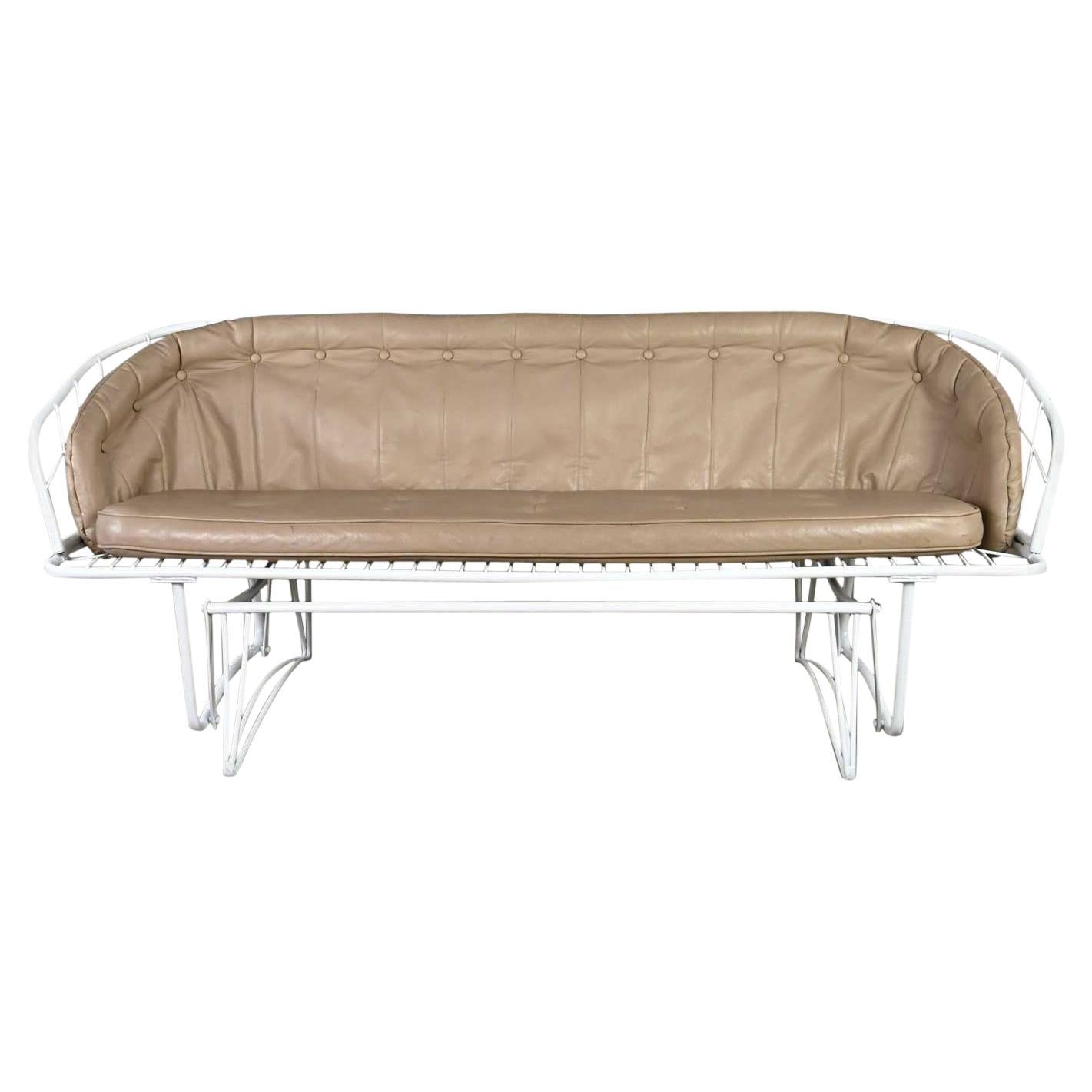 MCM Homecrest White Painted Metal Glider & Taupe Vinyl Cushions & Button Detail