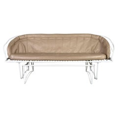 MCM Homecrest White Painted Metal Glider & Taupe Vinyl Cushions & Button Detail