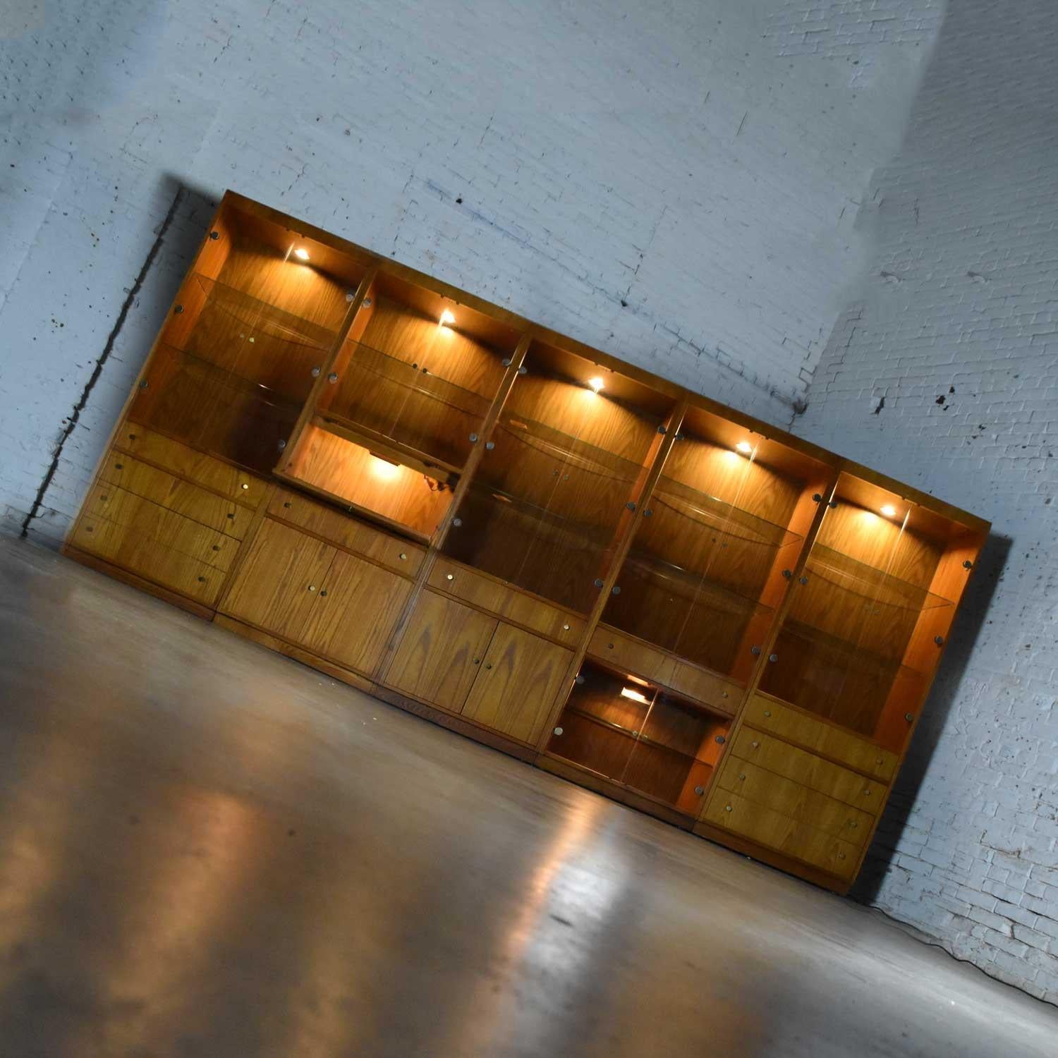 American MCM Hooker 5 Section Oak Veneer Display Cabinet Wall Unit Smoked Glass Doors