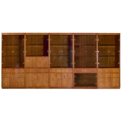 Retro MCM Hooker 5 Section Oak Veneer Display Cabinet Wall Unit Smoked Glass Doors