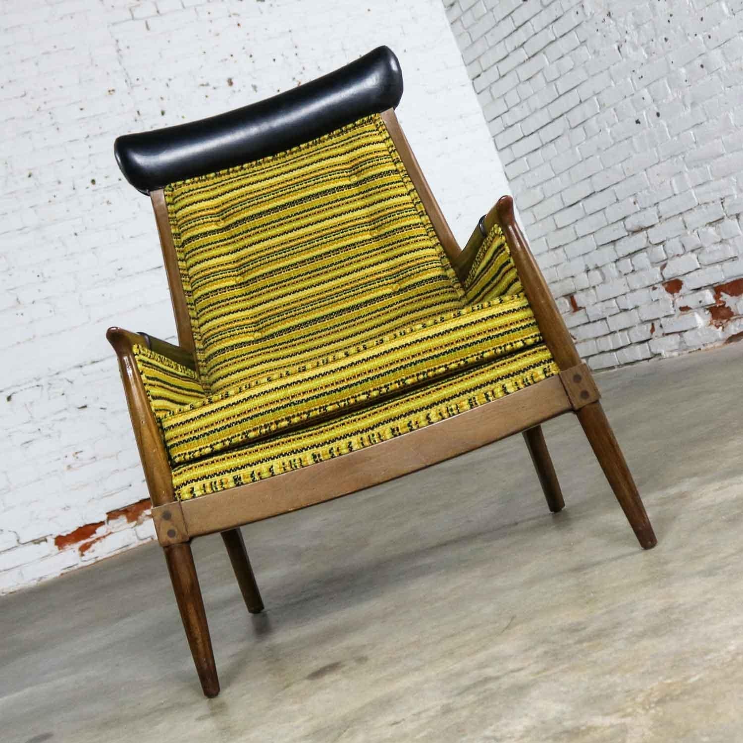 Mid-Century Modern MCM Horn Style Armchair Green Gold & Black Horizontal Striped Upholstery For Sale