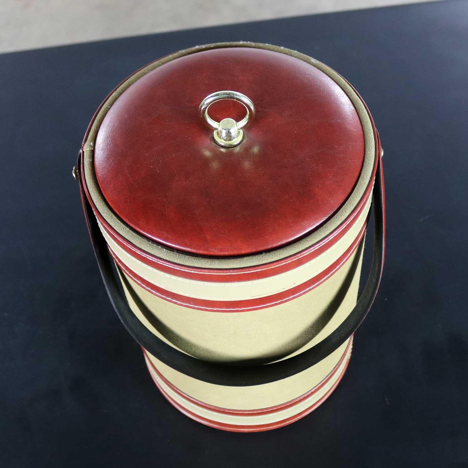 20th Century MCM Ice Bucket Signed George Briard Tan & Rust Faux Patent Leather For Sale