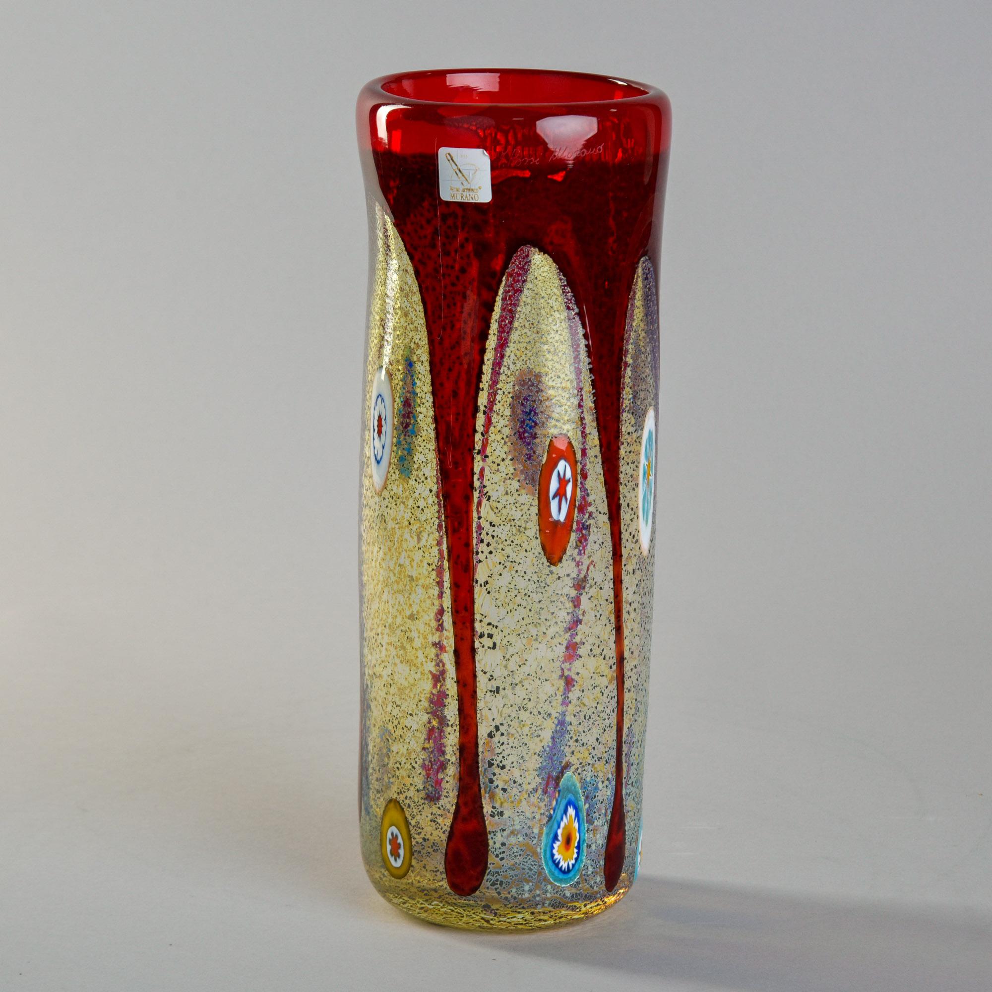 Mid-Century Modern MCM Imperio Rossi Murano Murrine Glass Vase with Red Rim For Sale