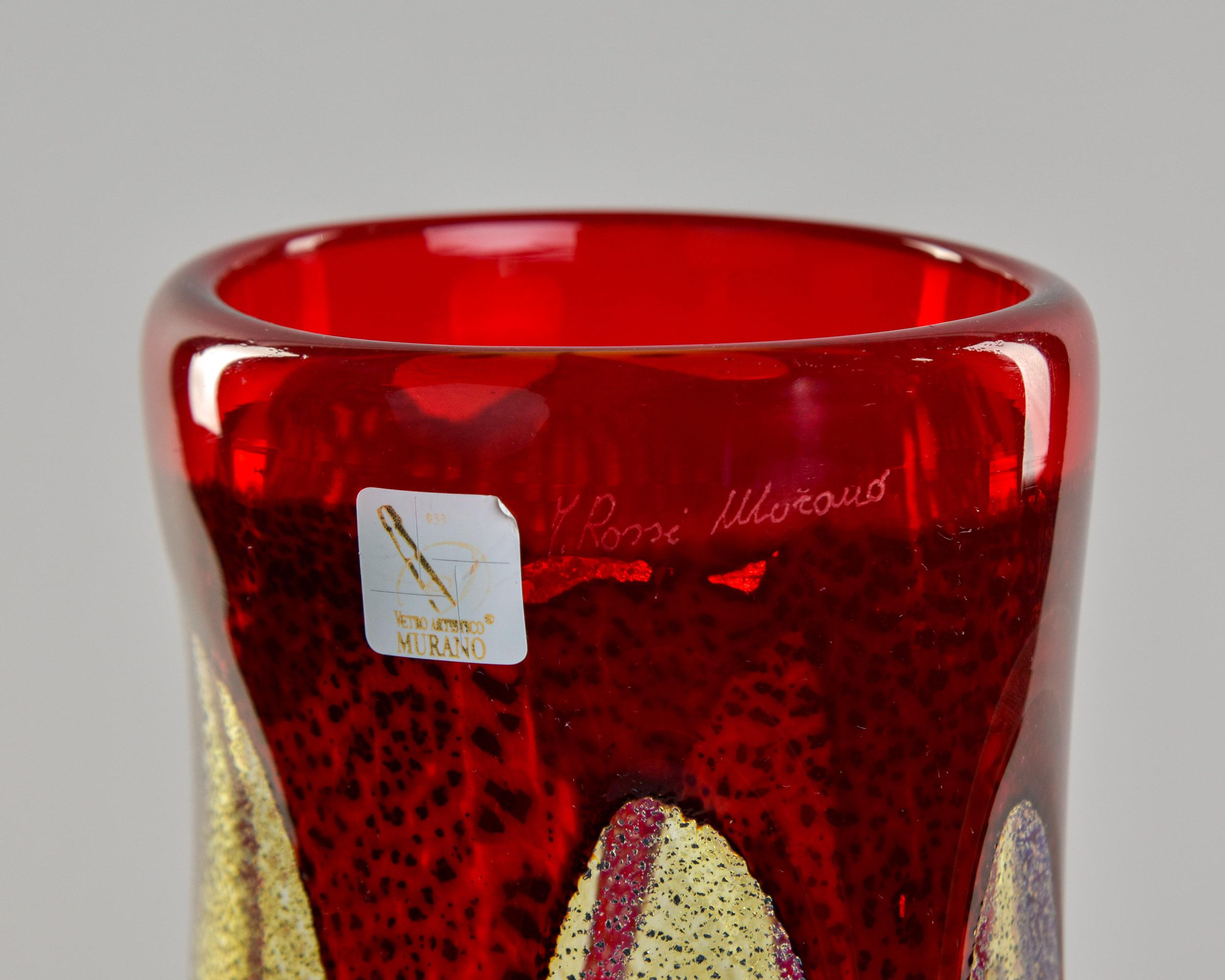 Italian MCM Imperio Rossi Murano Murrine Glass Vase with Red Rim For Sale