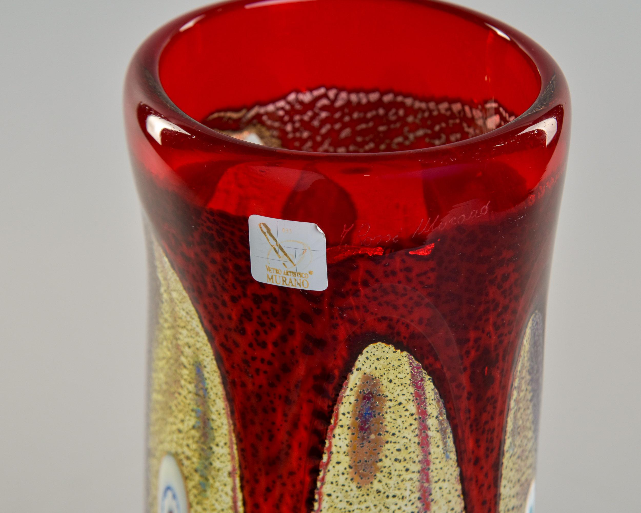 MCM Imperio Rossi Murano Murrine Glass Vase with Red Rim In Good Condition For Sale In Troy, MI