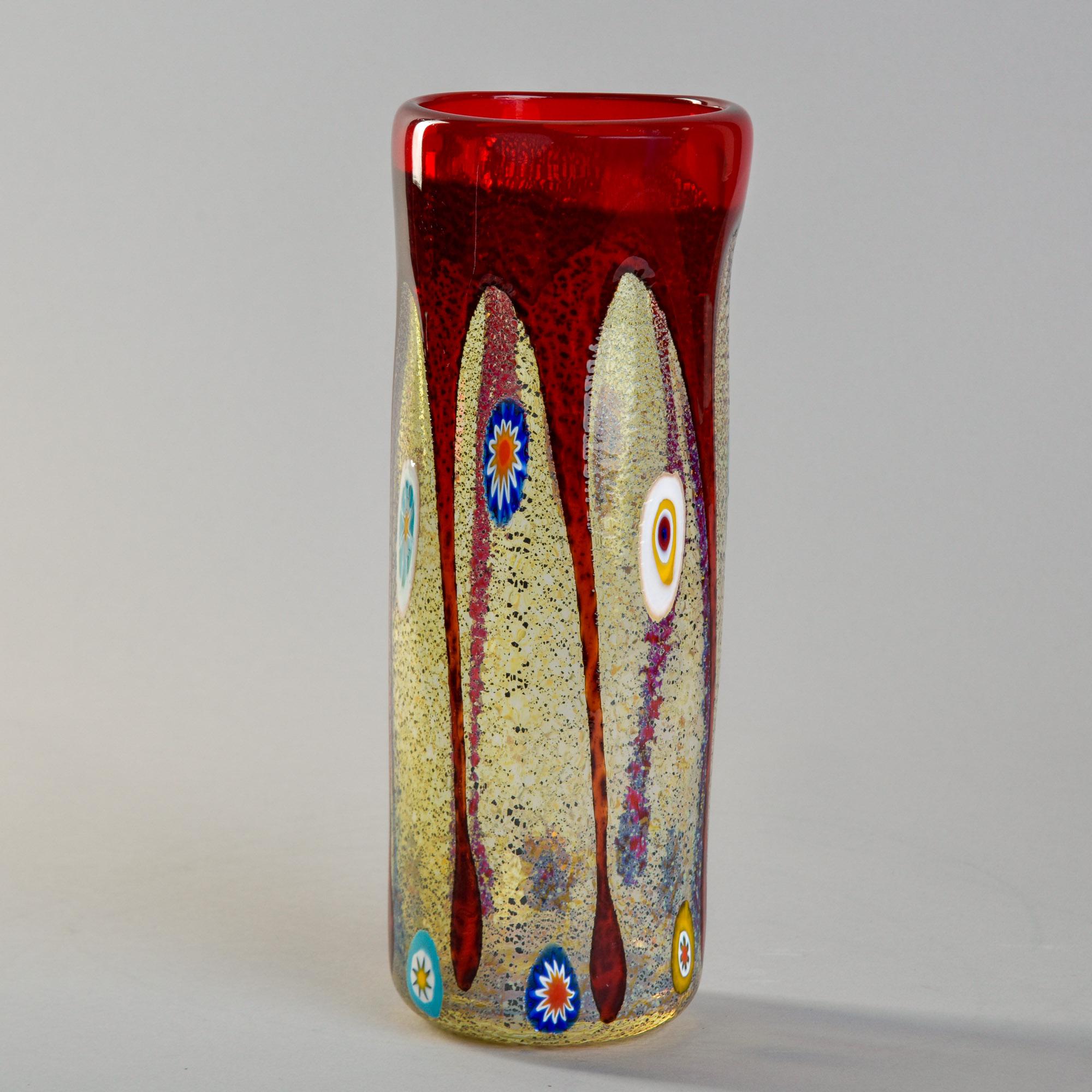 20th Century MCM Imperio Rossi Murano Murrine Glass Vase with Red Rim For Sale