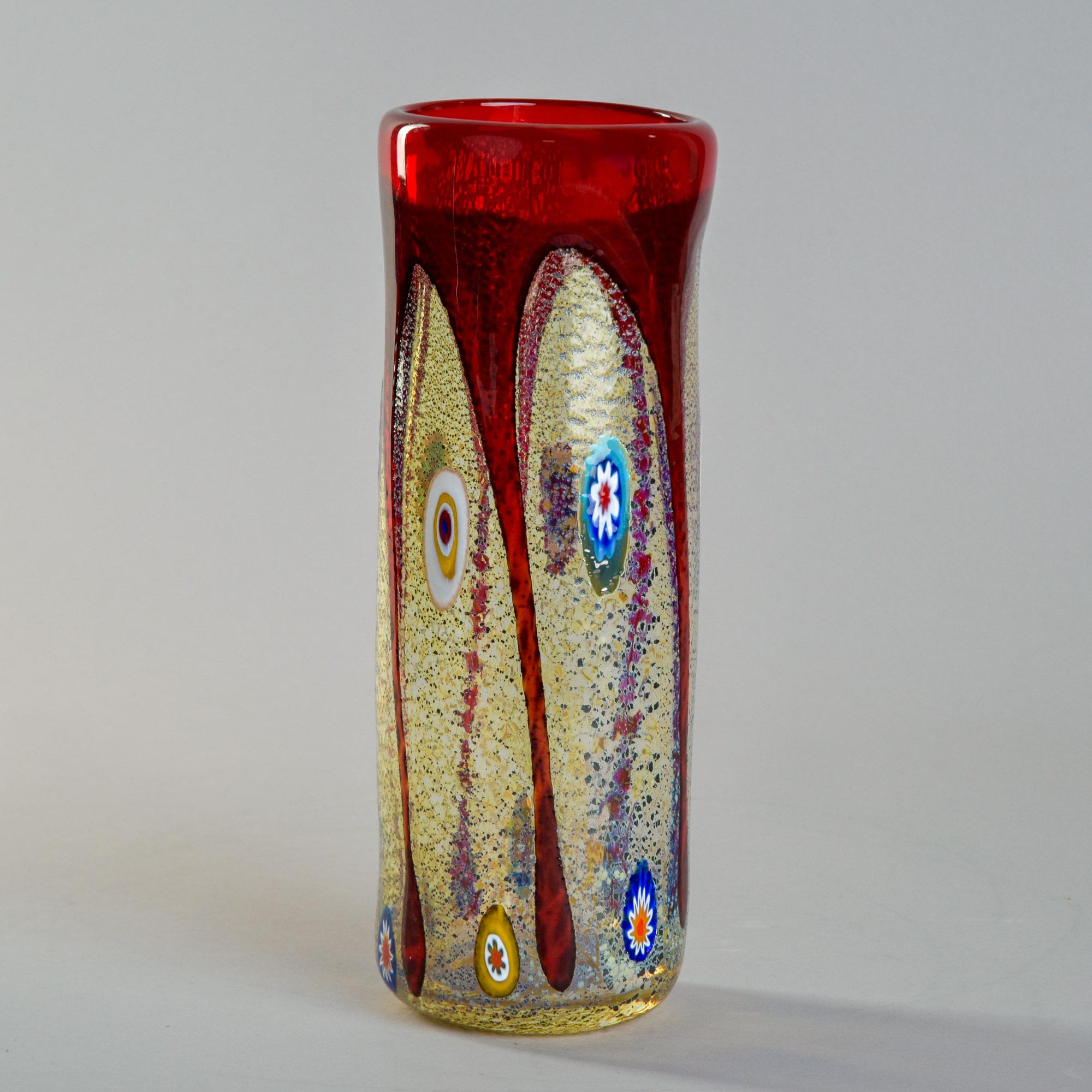 Murano Glass MCM Imperio Rossi Murano Murrine Glass Vase with Red Rim For Sale