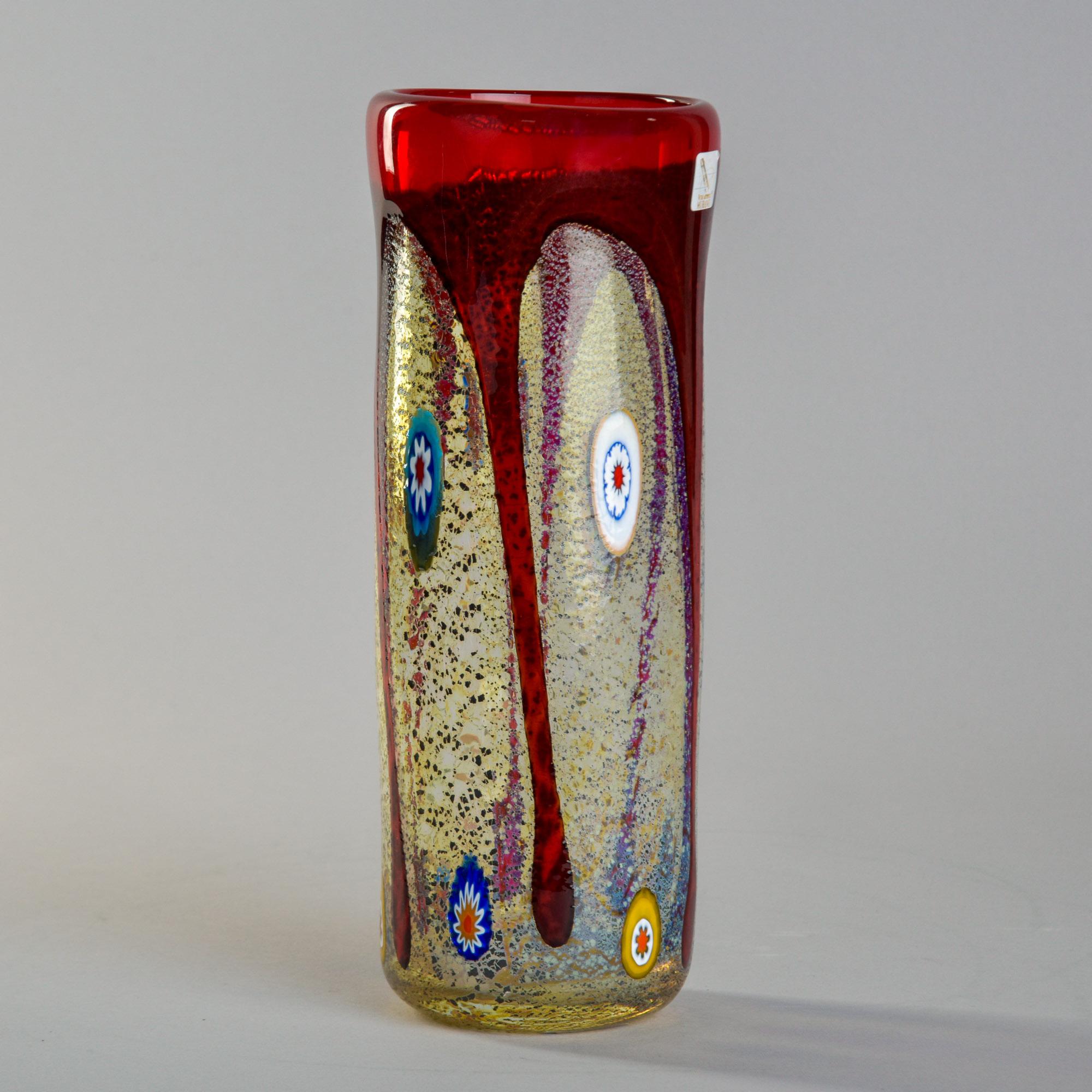 MCM Imperio Rossi Murano Murrine Glass Vase with Red Rim For Sale 1