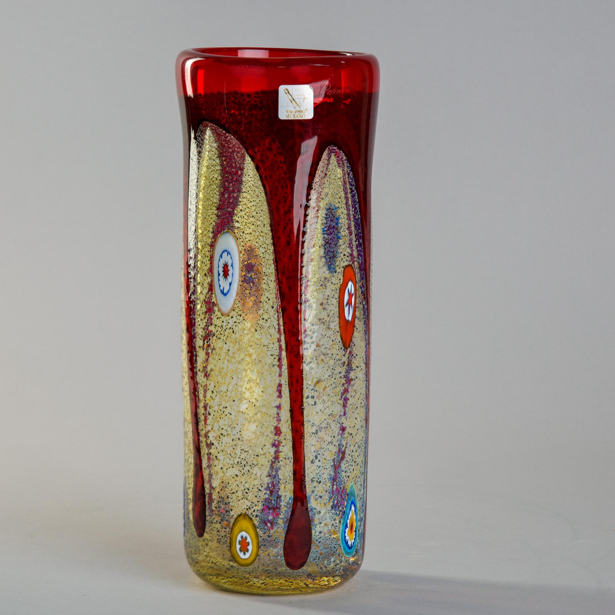 MCM Imperio Rossi Murano Murrine Glass Vase with Red Rim For Sale 2