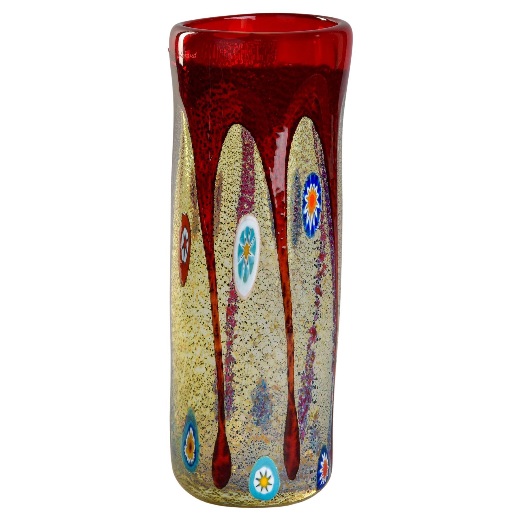 MCM Imperio Rossi Murano Murrine Glass Vase with Red Rim For Sale