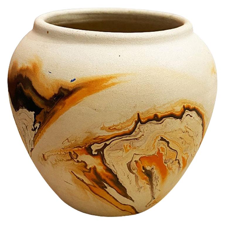 MCM Indian Clay Nemadji Roadside Pottery Marbled Vase in Orange and Brown
