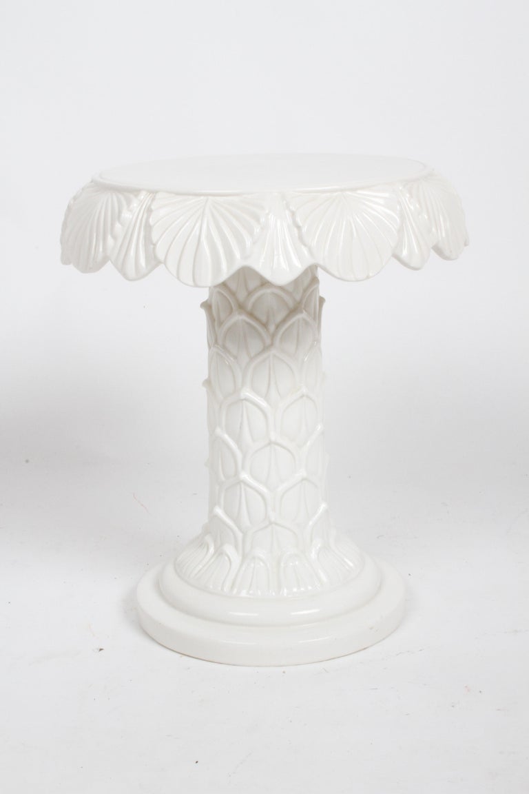 Vintage Hollywood Regency Italian white glazed ceramic Palm Tree form side table or drinks table. From one owner estate , nice MCM custom designed home. Marked in several areas with Made in Italy and 5186. In very nice condition, no serious issues