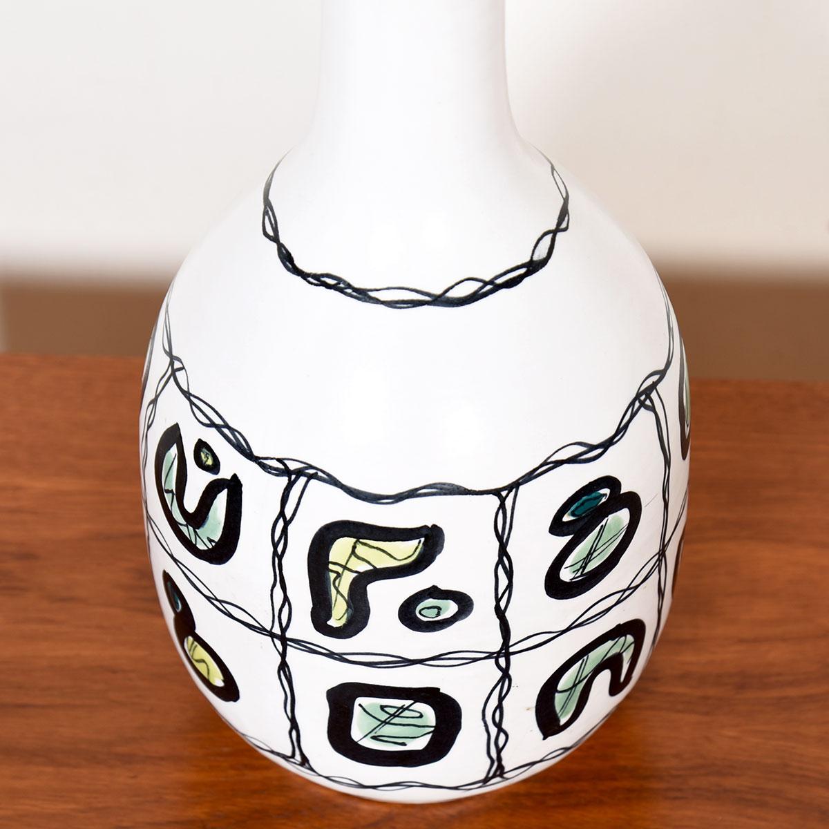 MCM Italian Pottery Table Lamp

Additional information:
Featured at Kensington
This Italian pottery or majolica lamp takes a classic form but with unusual decoration. Painted matte white, the “bulb” of the lamp has been adorned with free-form