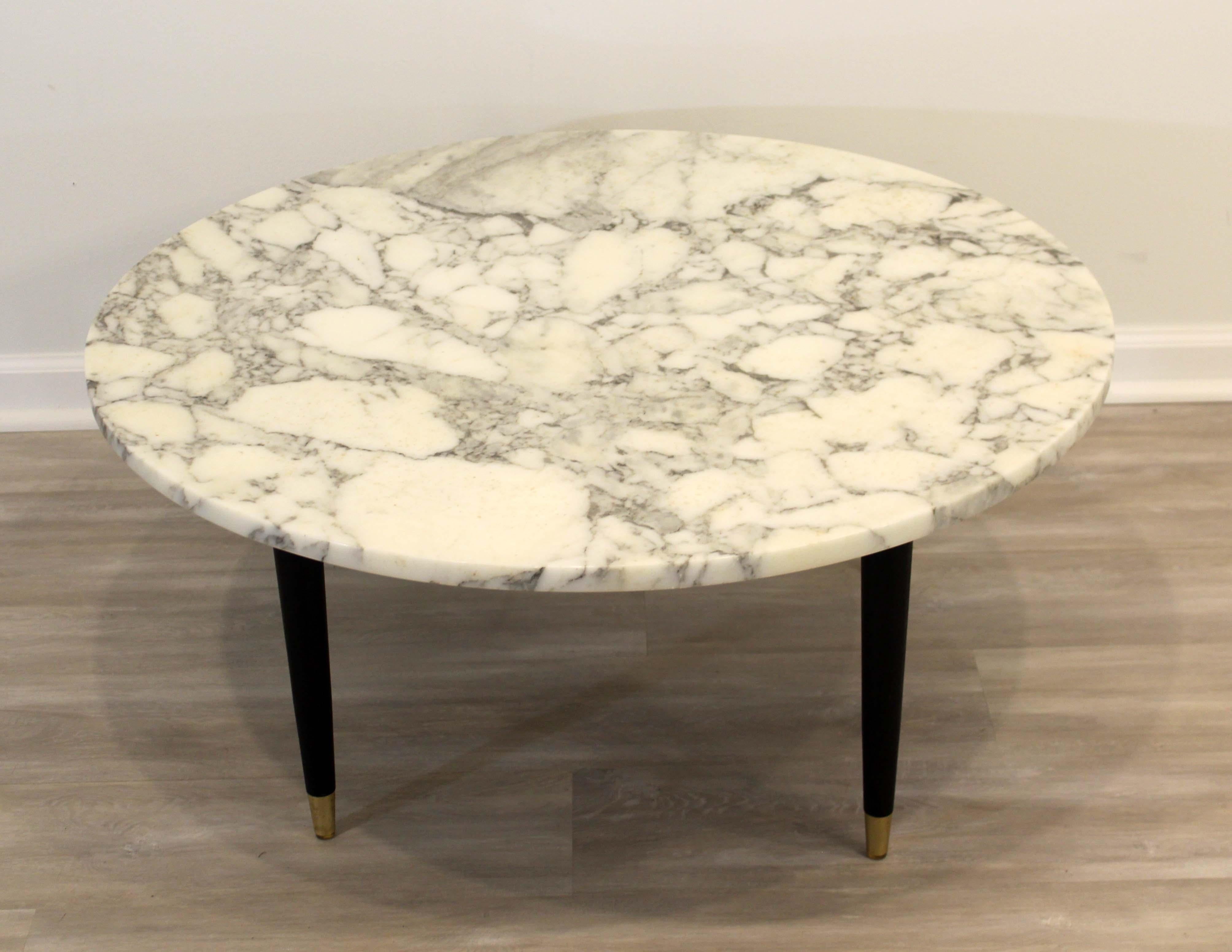 Mid-Century Modern MCM Italian Statuario Marble Coffee Table w Wood Base & Brass Ferrules