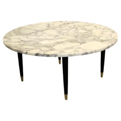 MCM Italian Statuario Marble Coffee Table w Wood Base & Brass Ferrules