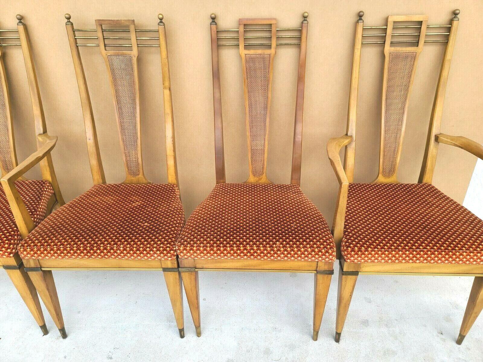20ième siècle MCM J L Metz Brass Solid Wood & Cane Dining Chairs Set of 4 en vente