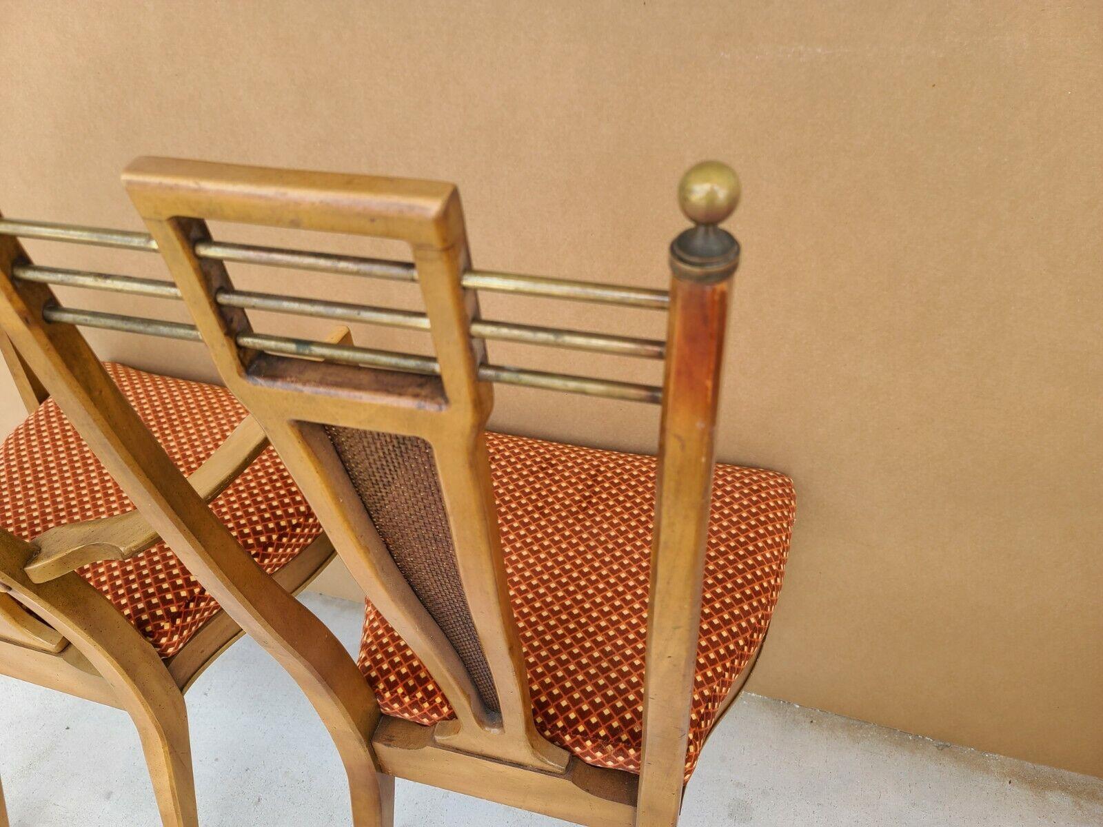 Bois MCM J L Metz Brass Solid Wood & Cane Dining Chairs Set of 4 en vente