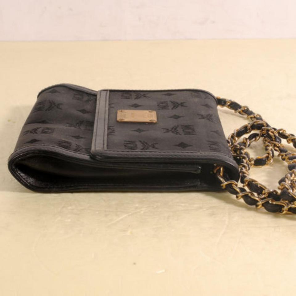 Mcm Jacquard Chain Cross Dust 869454 Black Coated Canvas + Cowhide Shoulder Bag In Good Condition In Dix hills, NY