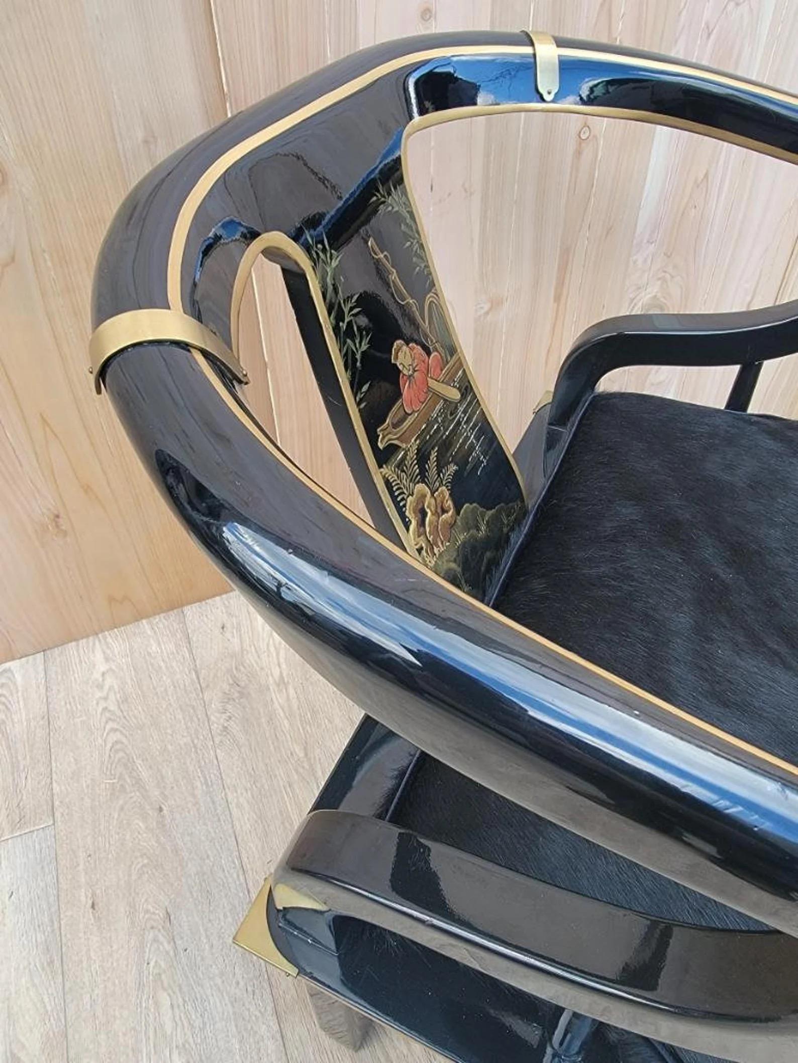 Mid-Century Modern MCM James Mont Chinoiserie Style Horseshoe Chairs Newly Upholshed in Cowhide en vente