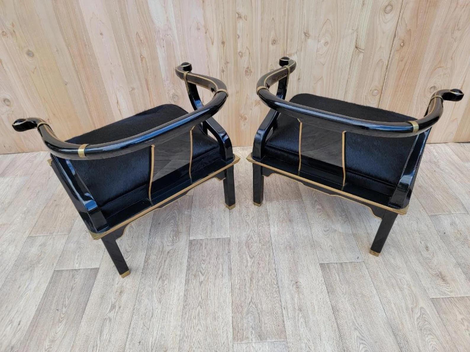 Peint à la main MCM James Mont Chinoiserie Style Horseshoe Chairs Newly Upholshed in Cowhide en vente