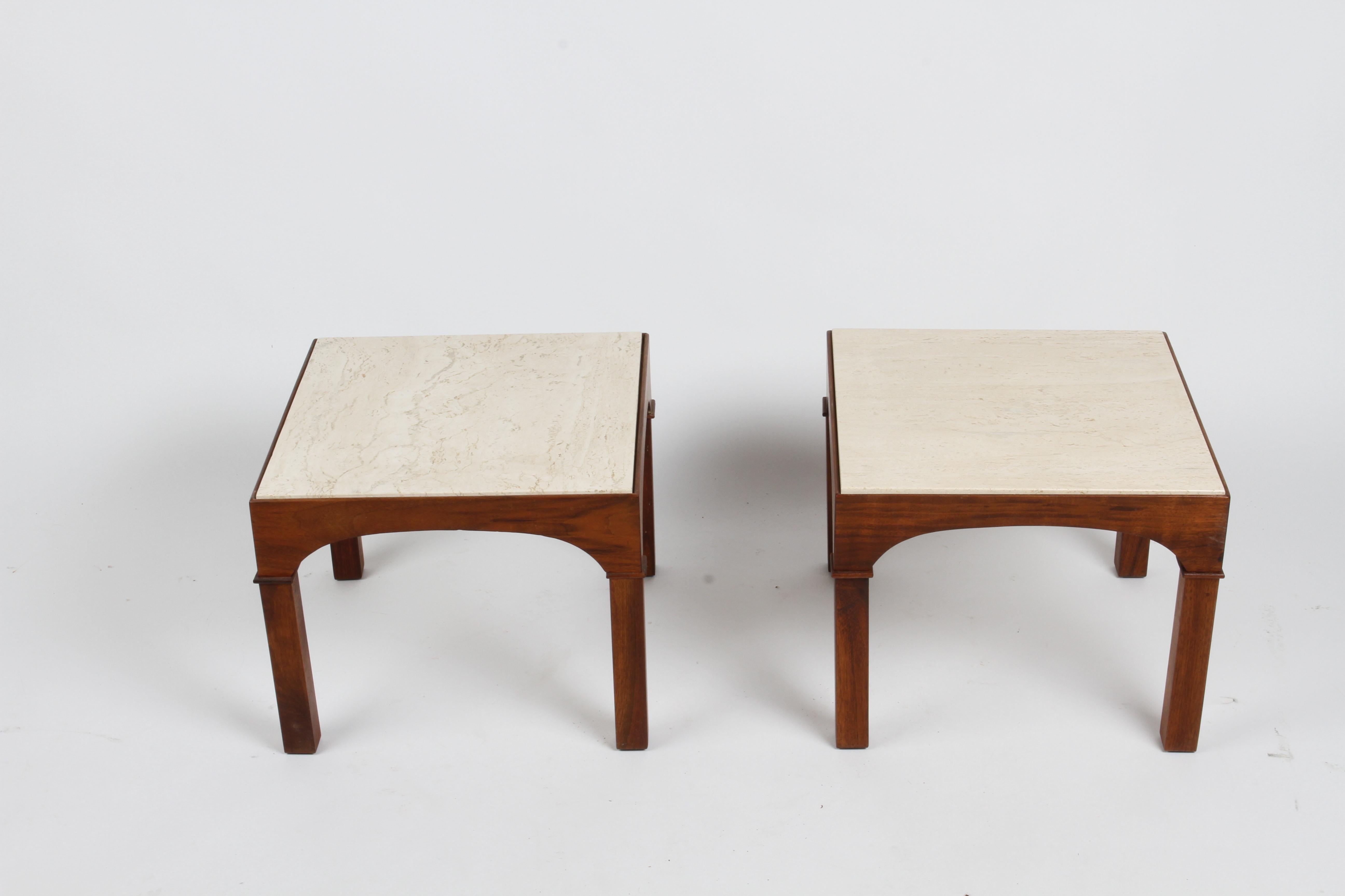 Mid-Century Modern John Keal for Brown Saltman mahogany occasional or end tables with travertine tops on colosseum form base. Original condition, no labels. 

