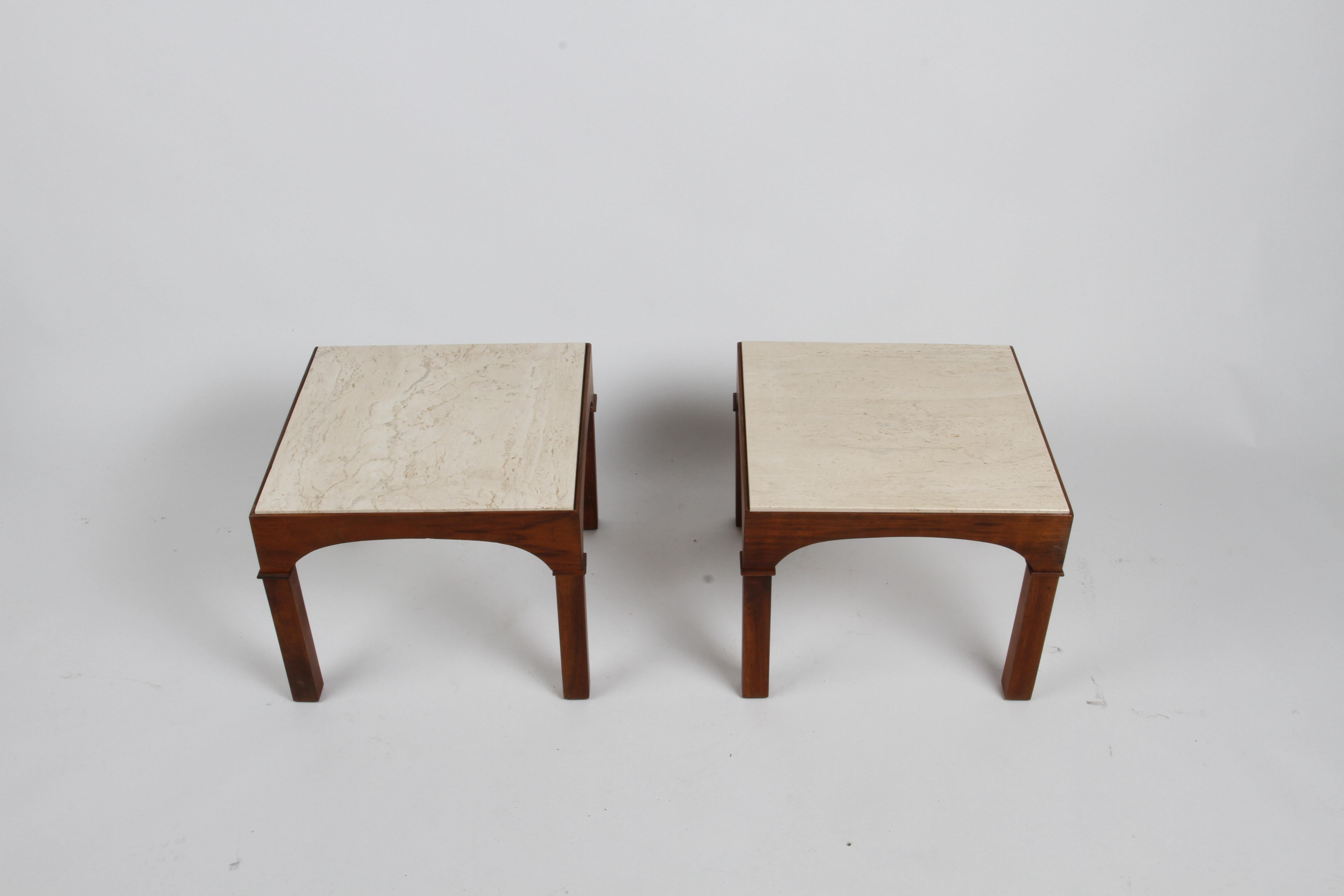 Mid-Century Modern MCM John Keal for Brown Saltman Mahogany Occasional Tables with Travertine Tops  For Sale