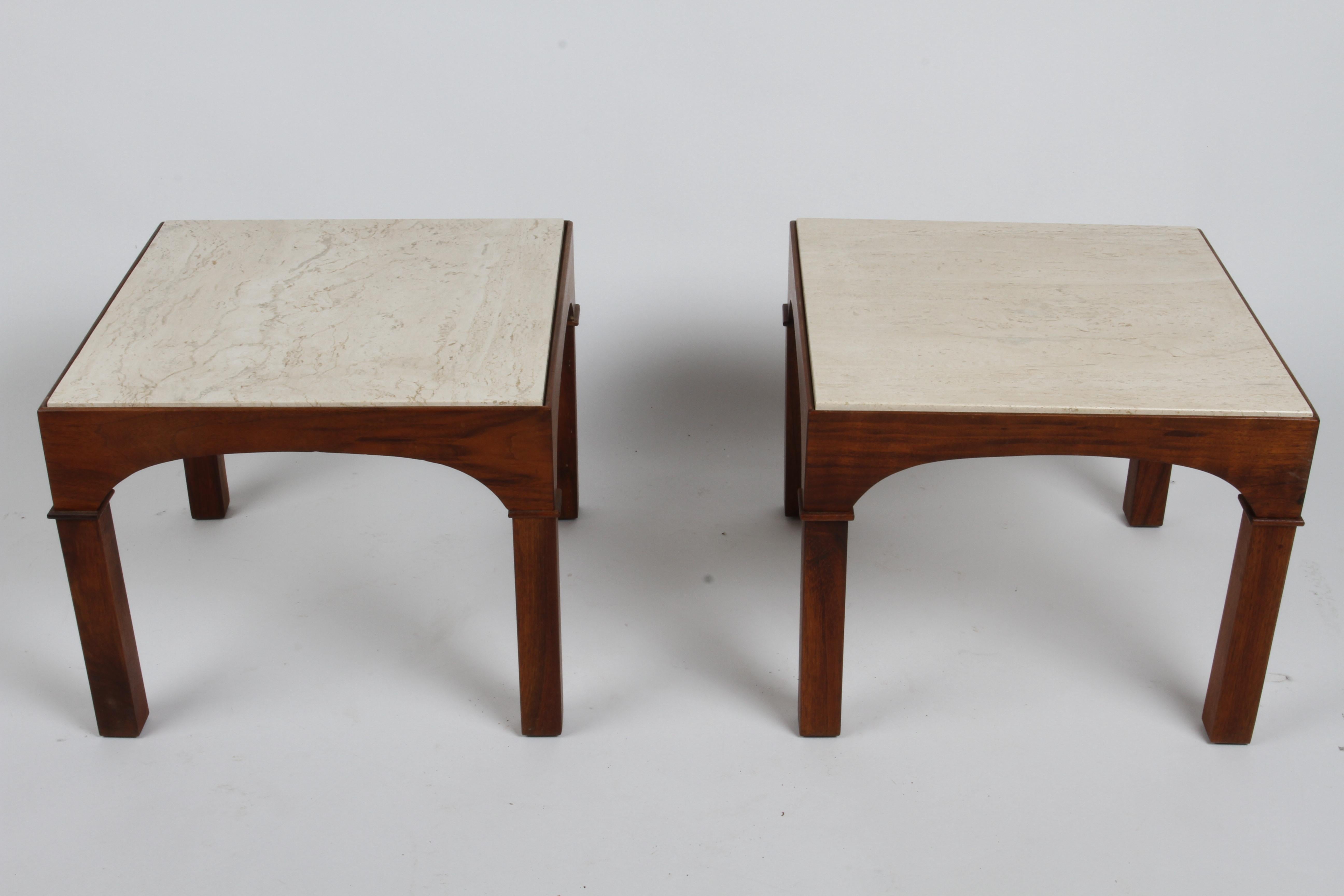 American MCM John Keal for Brown Saltman Mahogany Occasional Tables with Travertine Tops  For Sale