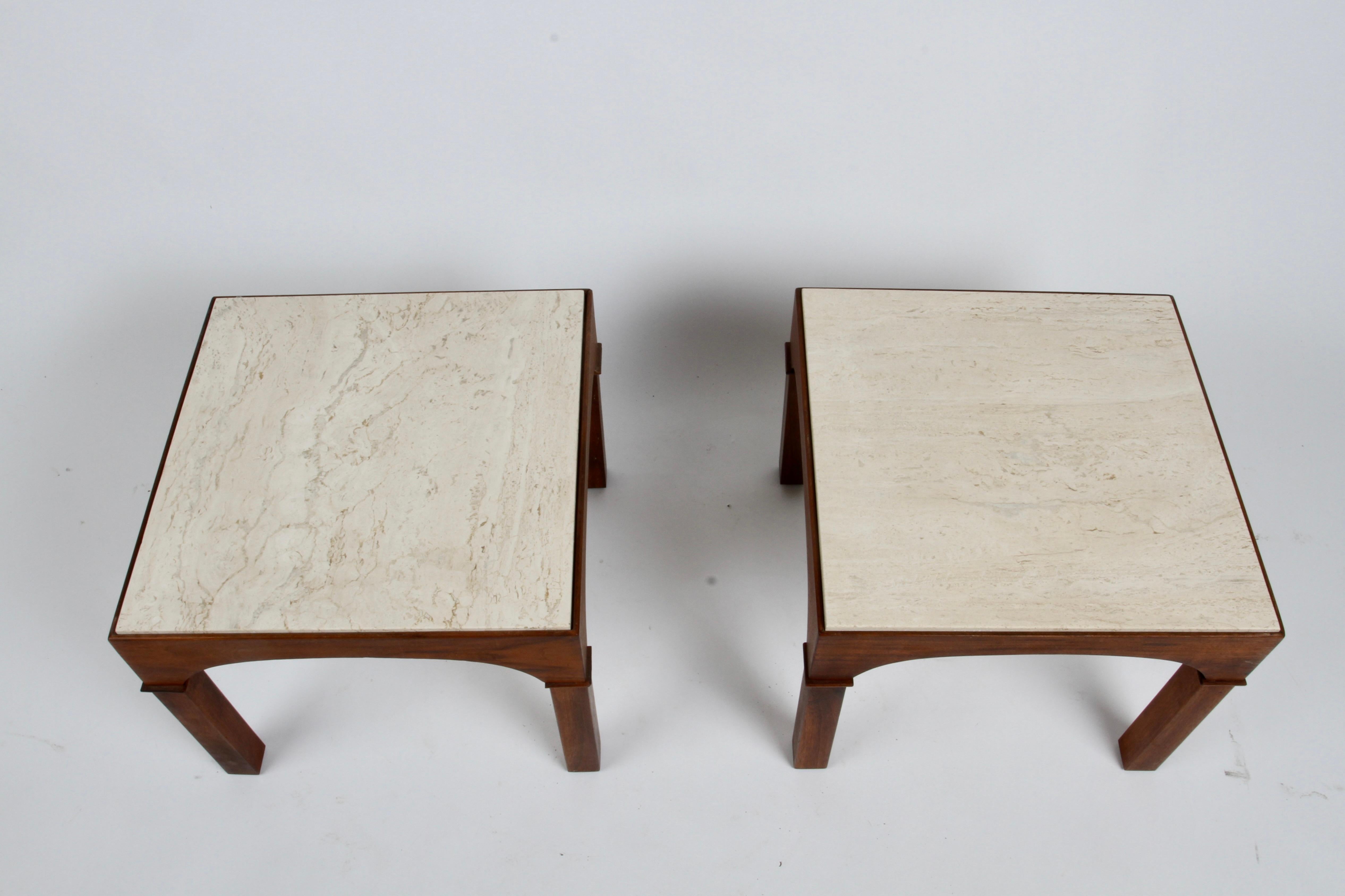 MCM John Keal for Brown Saltman Mahogany Occasional Tables with Travertine Tops  In Good Condition For Sale In St. Louis, MO