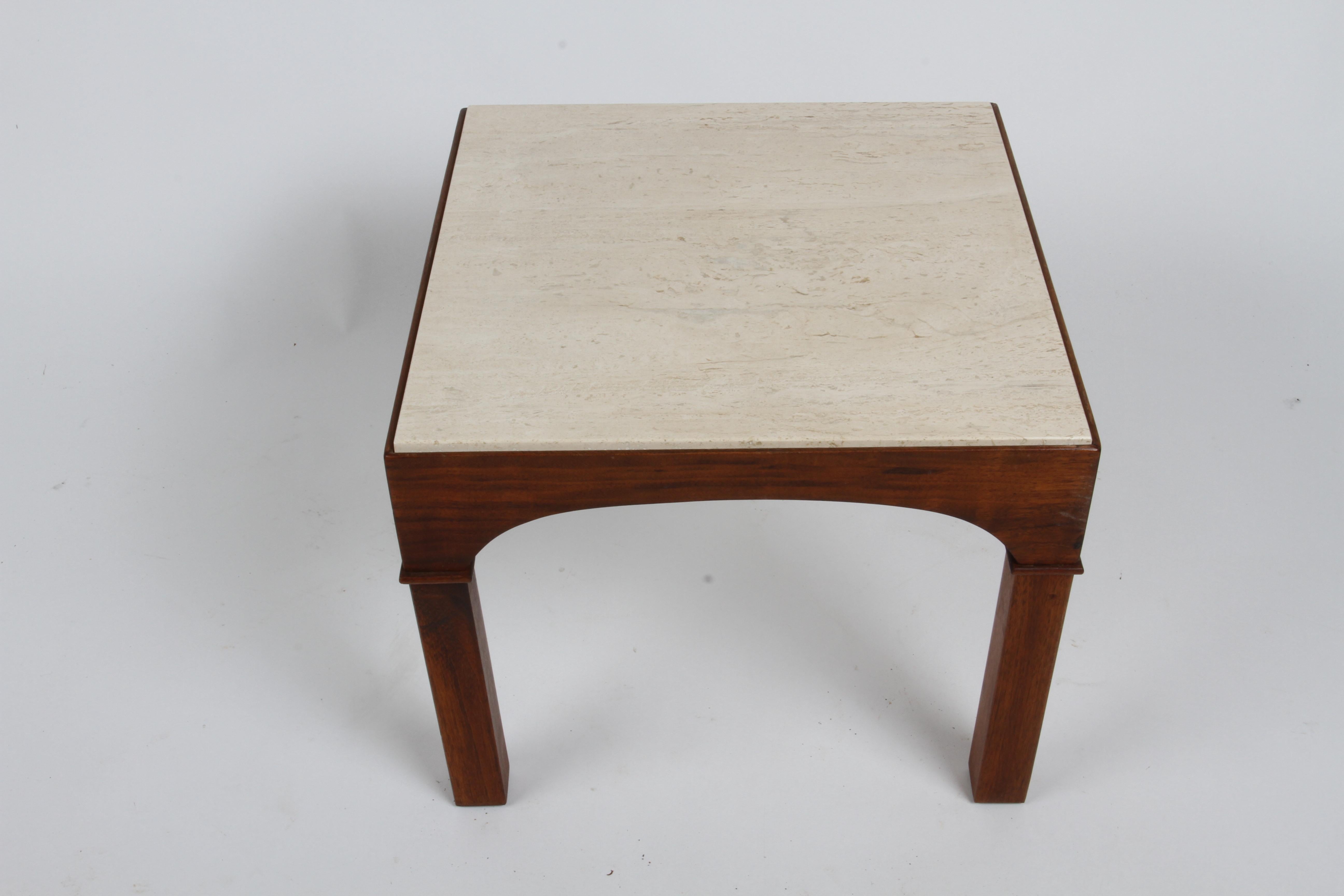 Mid-20th Century MCM John Keal for Brown Saltman Mahogany Occasional Tables with Travertine Tops  For Sale