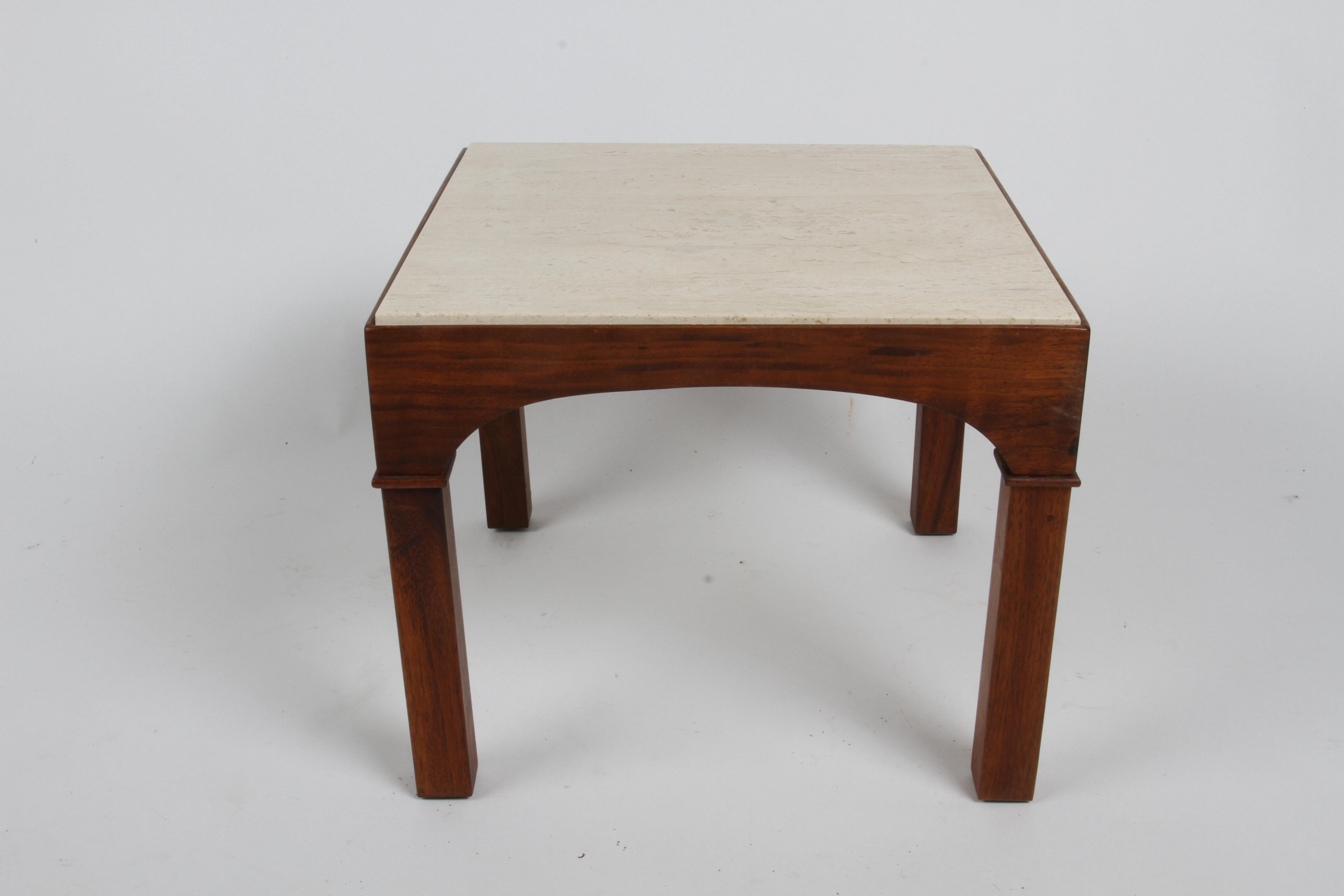 MCM John Keal for Brown Saltman Mahogany Occasional Tables with Travertine Tops  For Sale 1