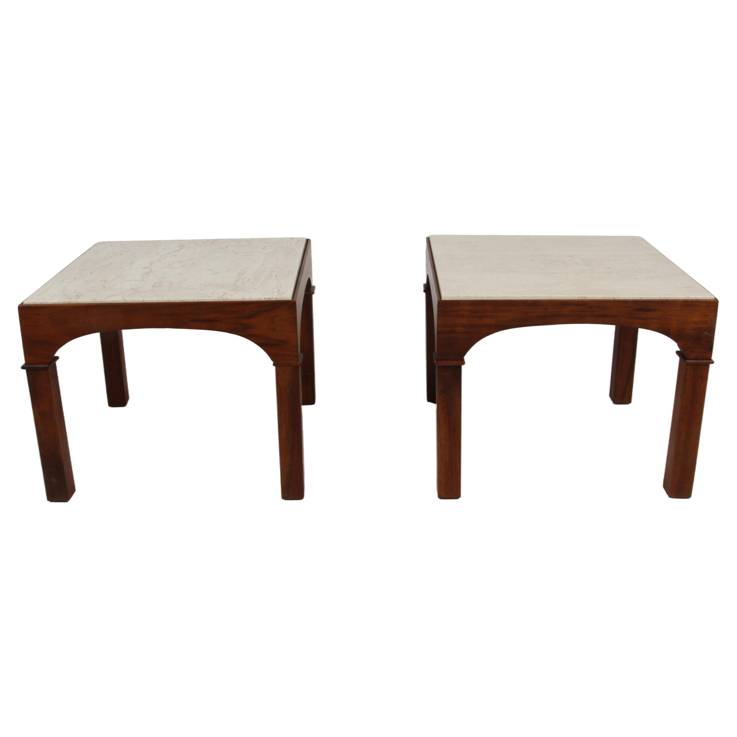 MCM John Keal for Brown Saltman Mahogany Occasional Tables with Travertine Tops  For Sale