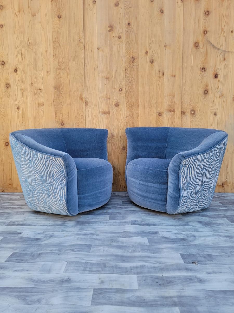 MCM Asymmetrical Swivel Lounge Chairs Newly Upholstered, Pair In Good Condition In Chicago, IL